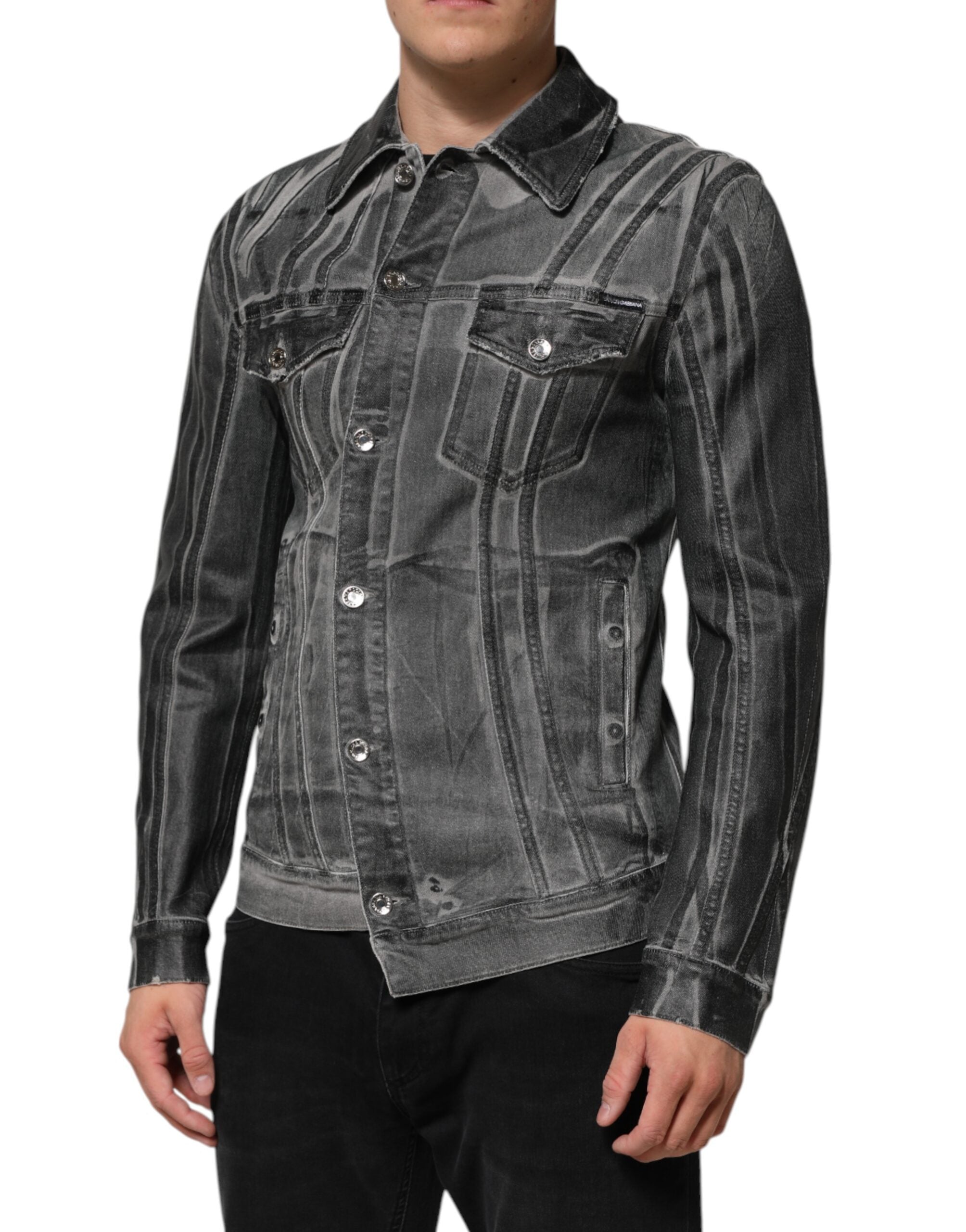 Dolce & Gabbana Graue gewaschene Baumwoll-Stretch-Denim-Jacke