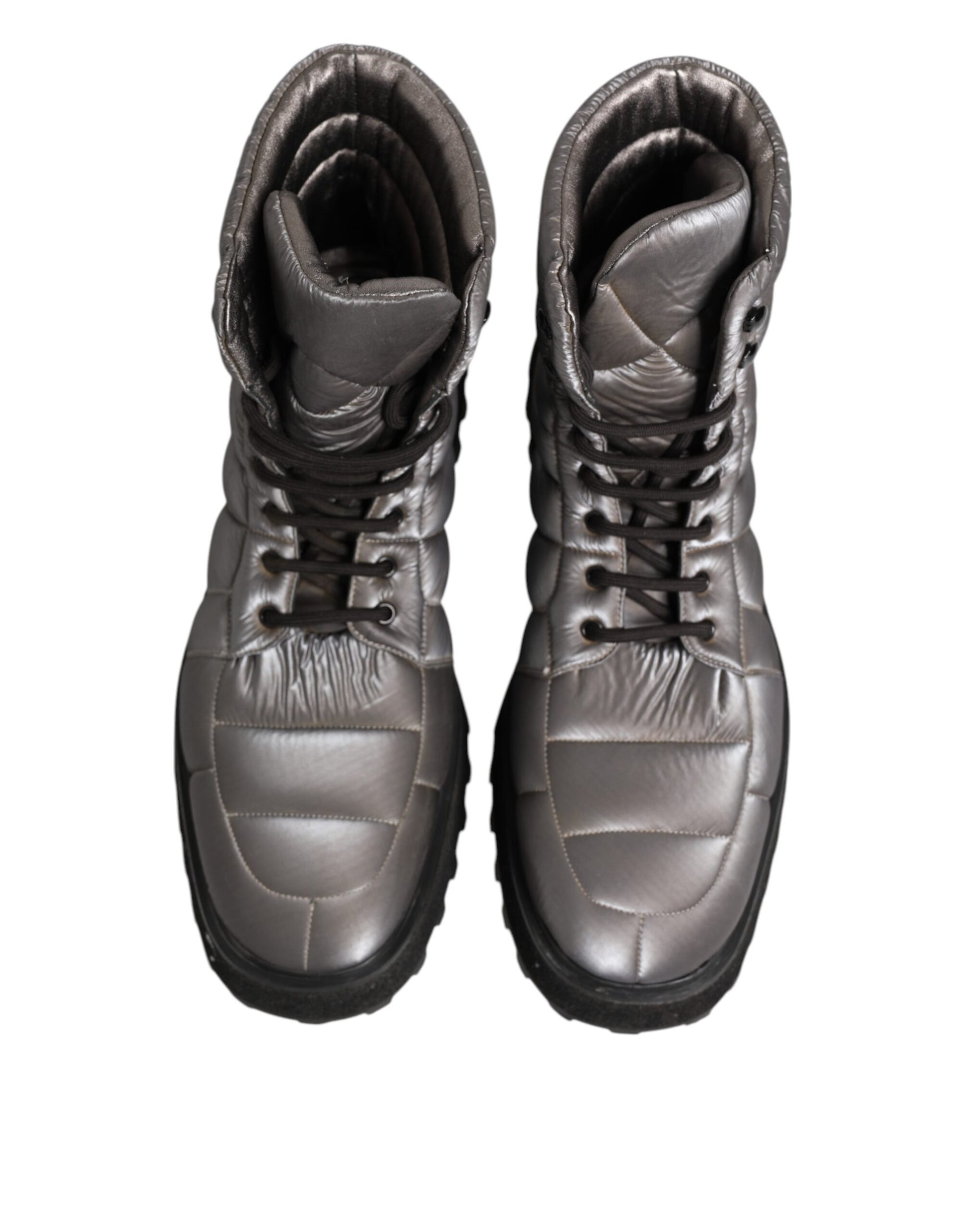 Dolce & Gabbana Silberne gepolsterte Mid Calf Lace Up Stiefel Schuhe