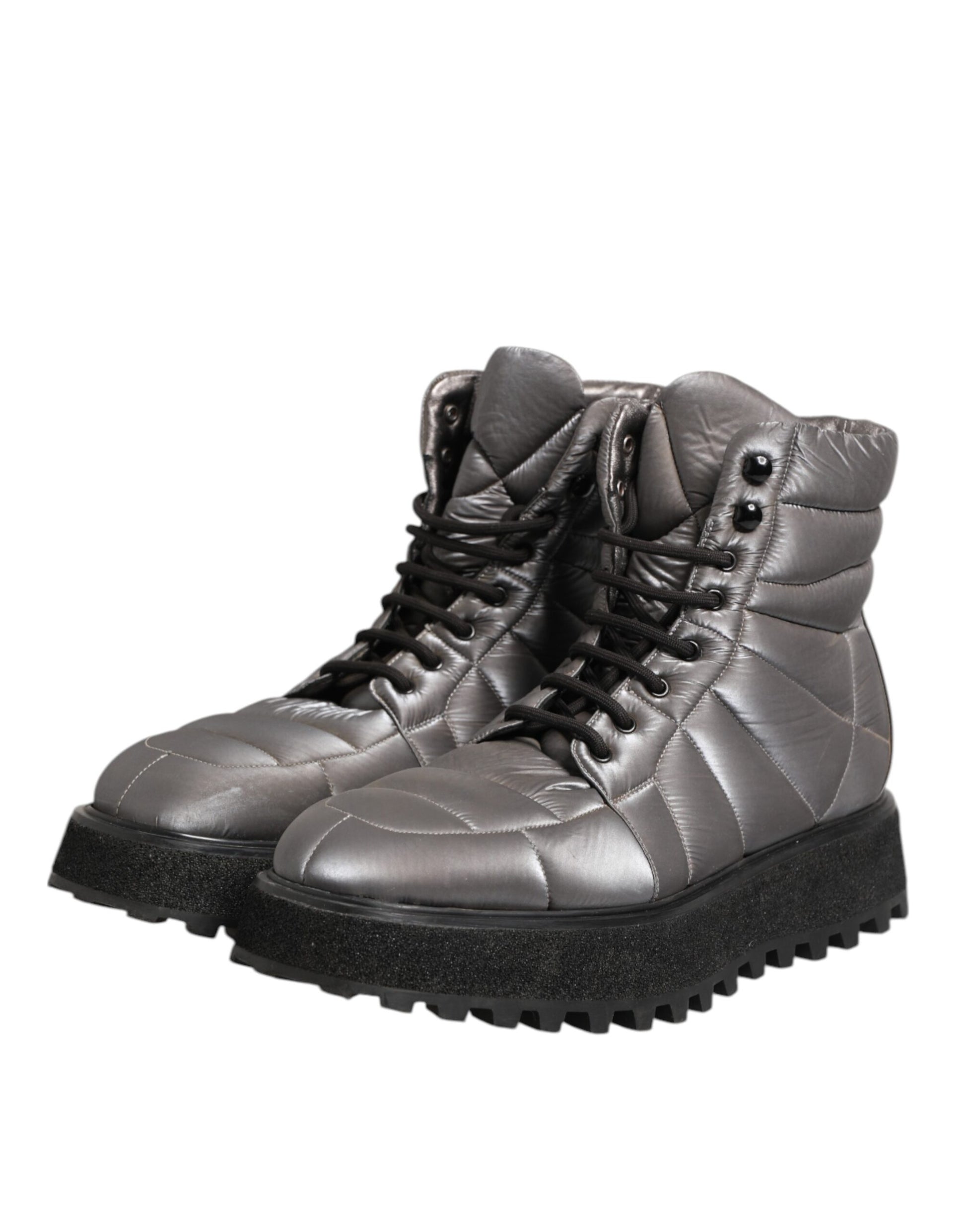 Dolce & Gabbana Silberne gepolsterte Mid Calf Lace Up Stiefel Schuhe