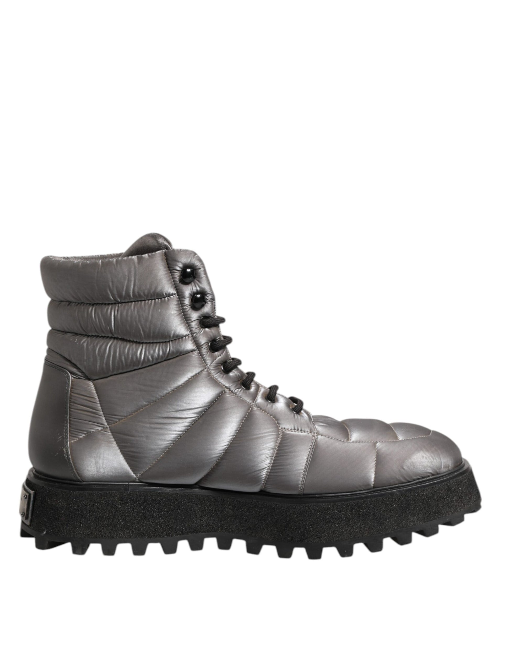 Dolce & Gabbana Silberne gepolsterte Mid Calf Lace Up Stiefel Schuhe