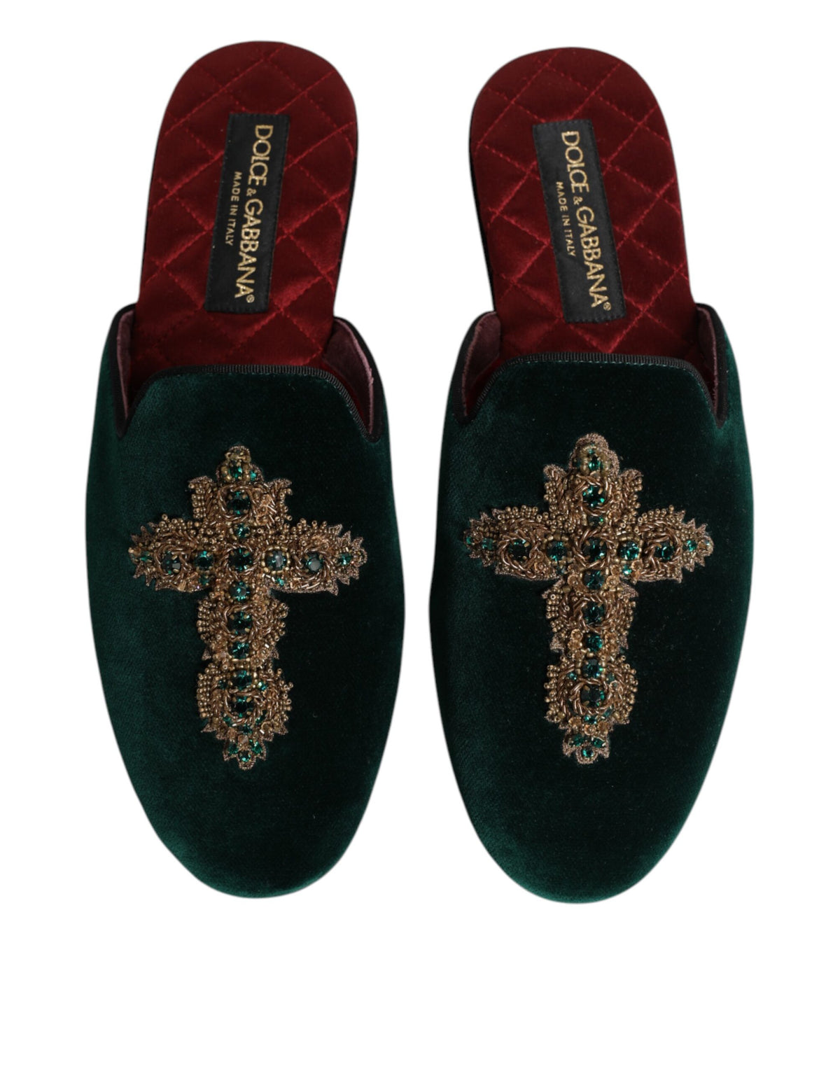 Dolce & Gabbana Groen Fluwelen Pantoffels met Kruisversiering