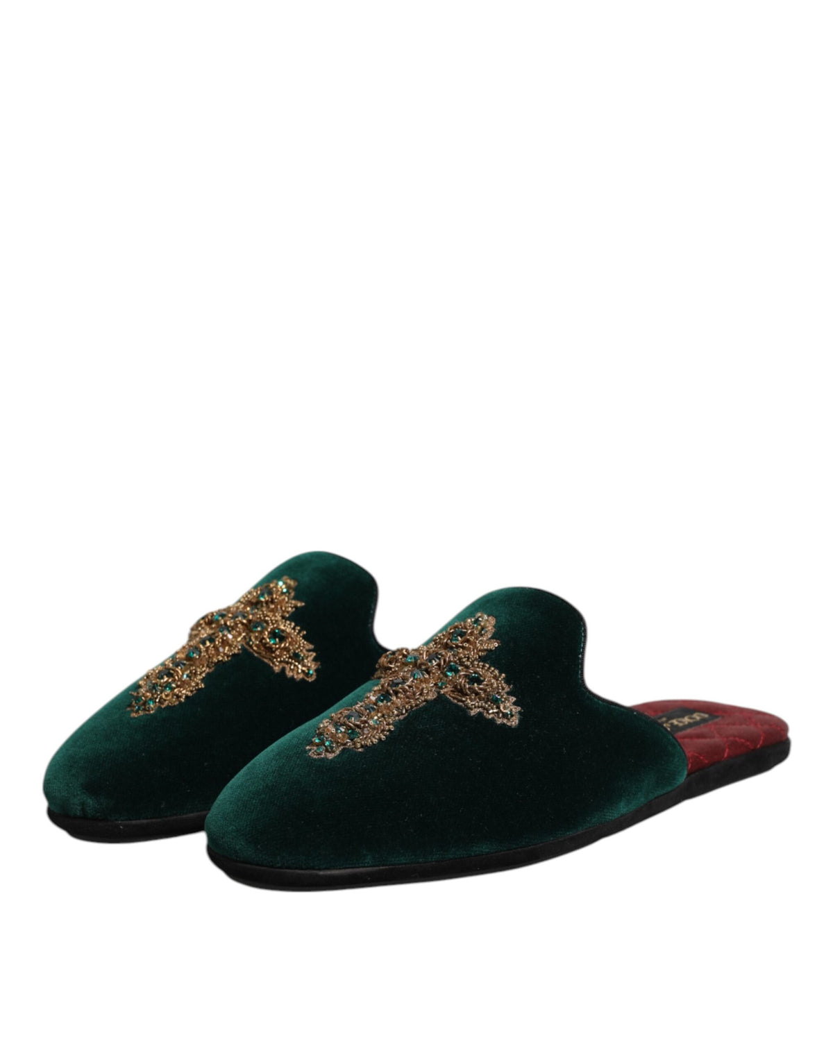 Dolce & Gabbana Groen Fluwelen Pantoffels met Kruisversiering