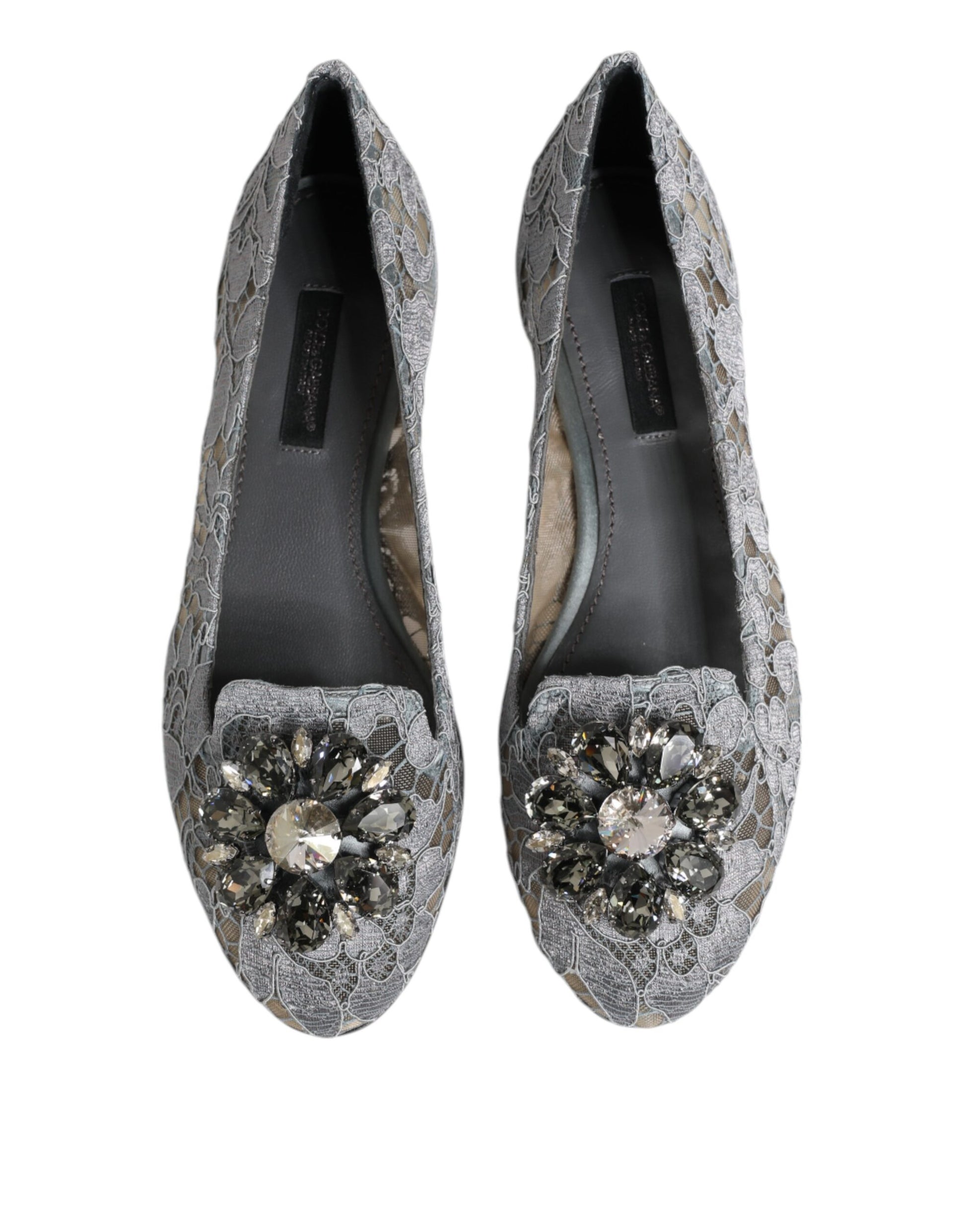 Dolce & Gabbana Graue Taormina Spitze Kristalle Flats Schuhe