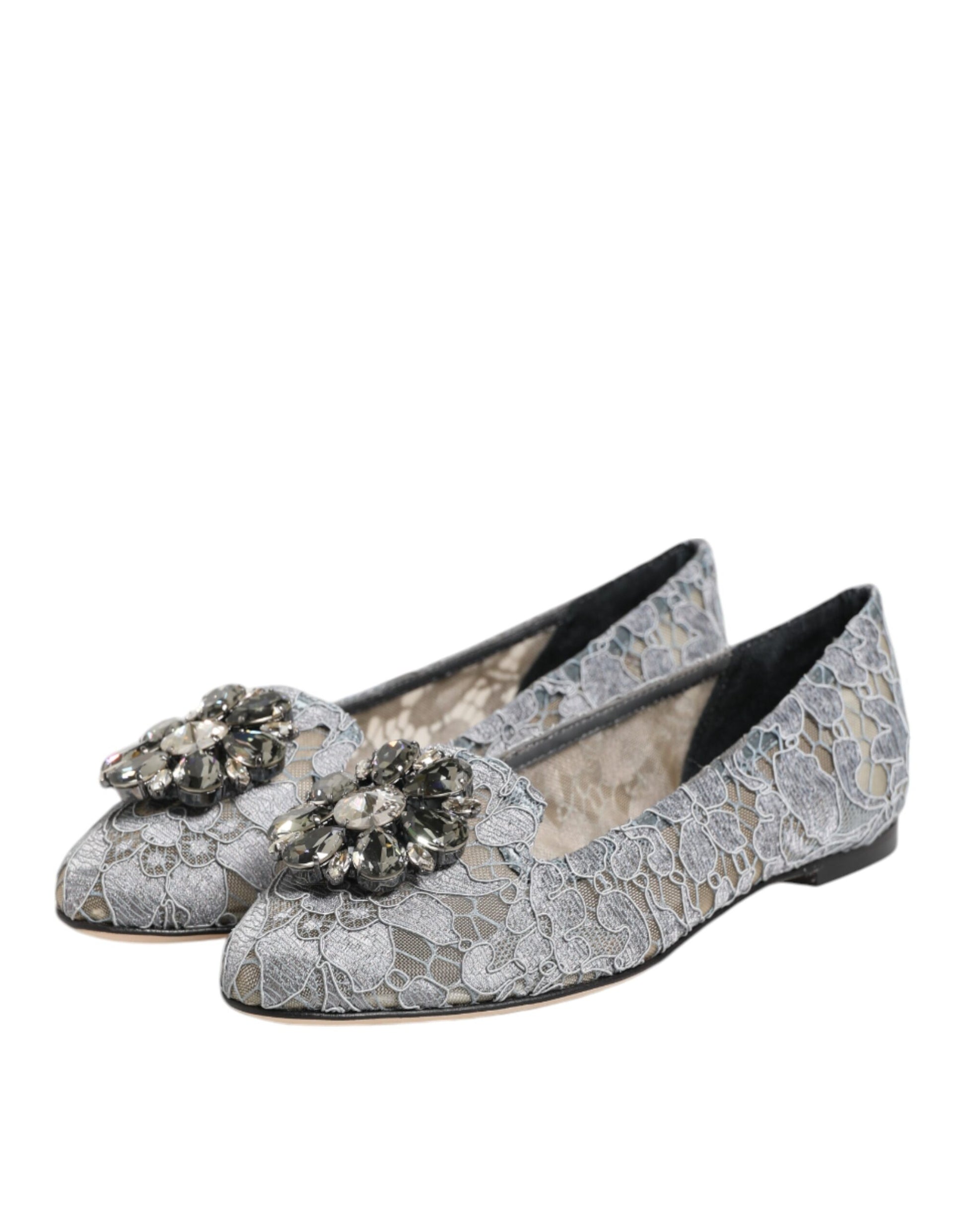 Dolce & Gabbana Graue Taormina Spitze Kristalle Flats Schuhe