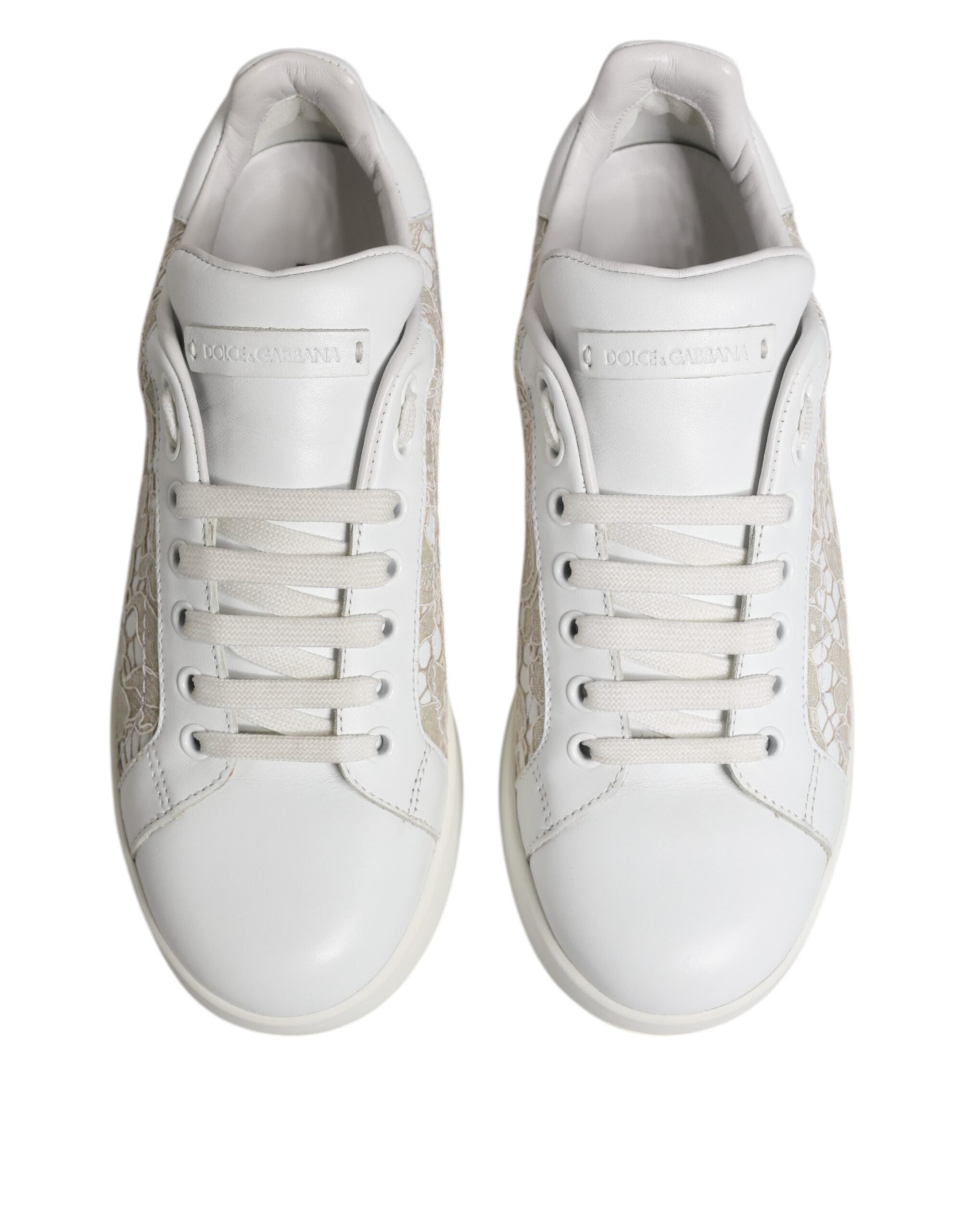 Dolce & Gabbana Weiße Spitze Leder Low Top Sneaker Schuhe
