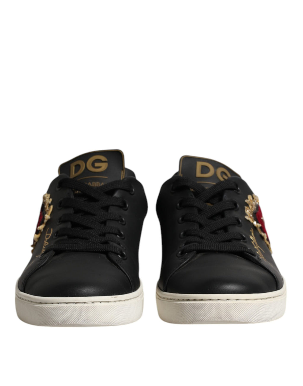Dolce & Gabbana Schwarzes Leder Sacred Heart Sneakers Schuhe