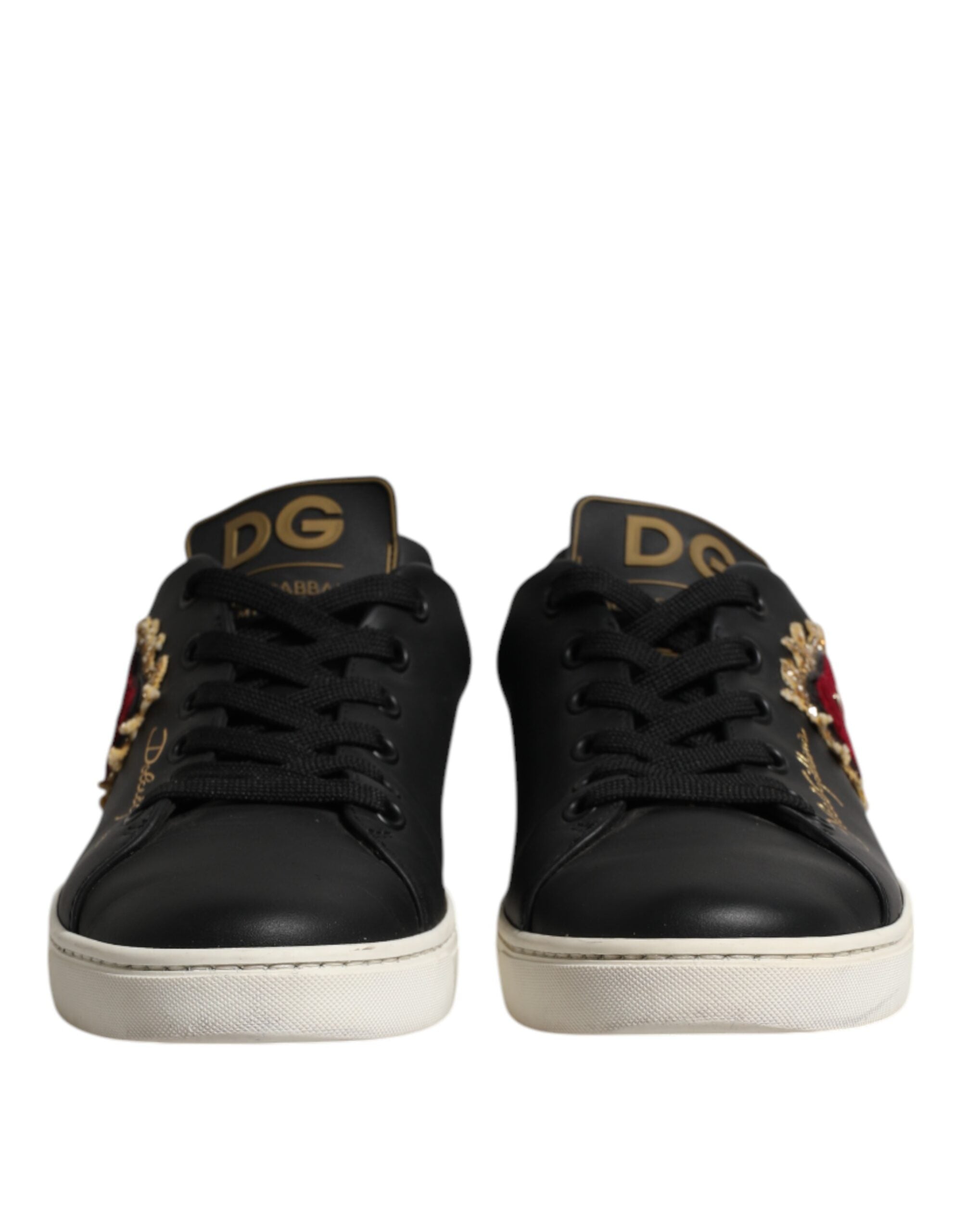 Dolce & Gabbana Schwarzes Leder Sacred Heart Sneakers Schuhe