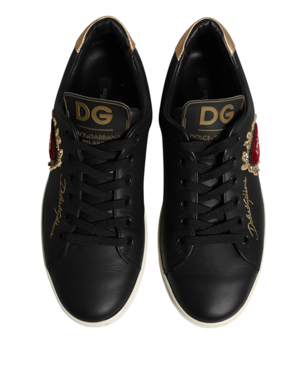 Dolce & Gabbana Schwarzes Leder Sacred Heart Sneakers Schuhe