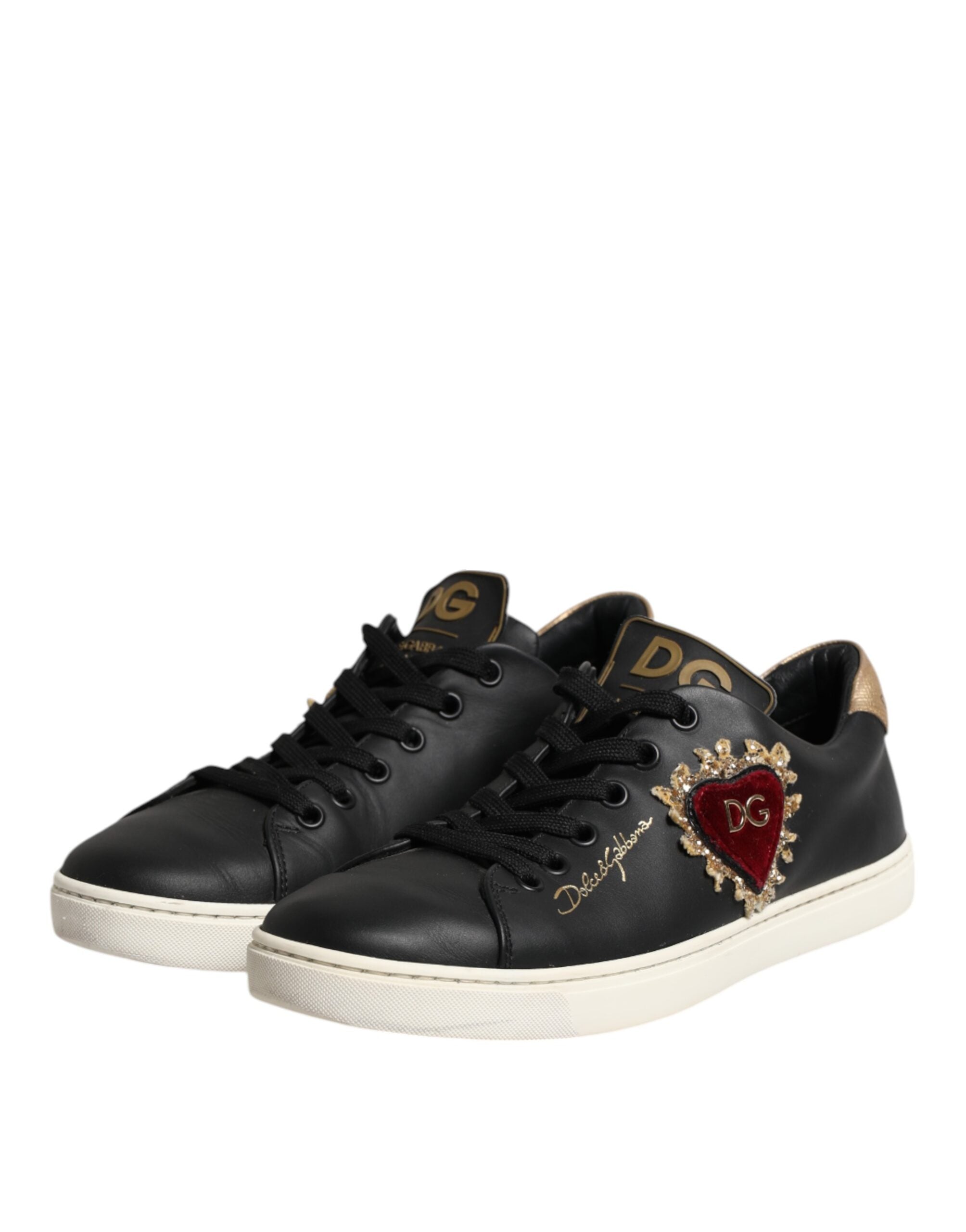 Dolce & Gabbana Schwarzes Leder Sacred Heart Sneakers Schuhe