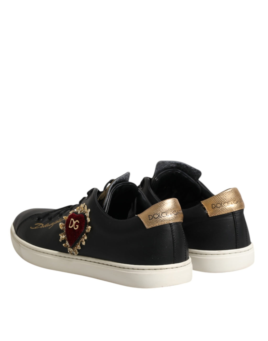Dolce & Gabbana Schwarzes Leder Sacred Heart Sneakers Schuhe
