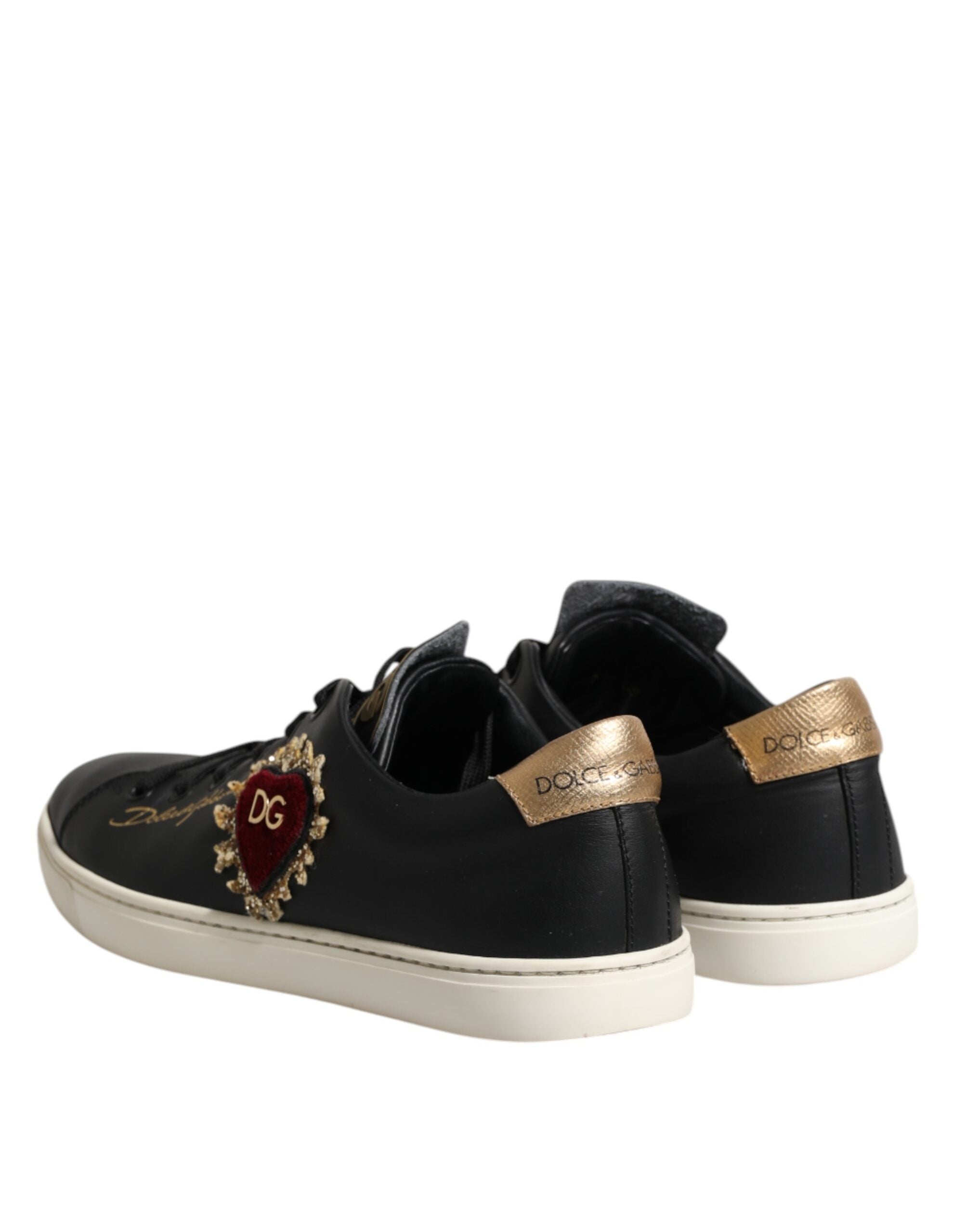 Dolce & Gabbana Schwarzes Leder Sacred Heart Sneakers Schuhe