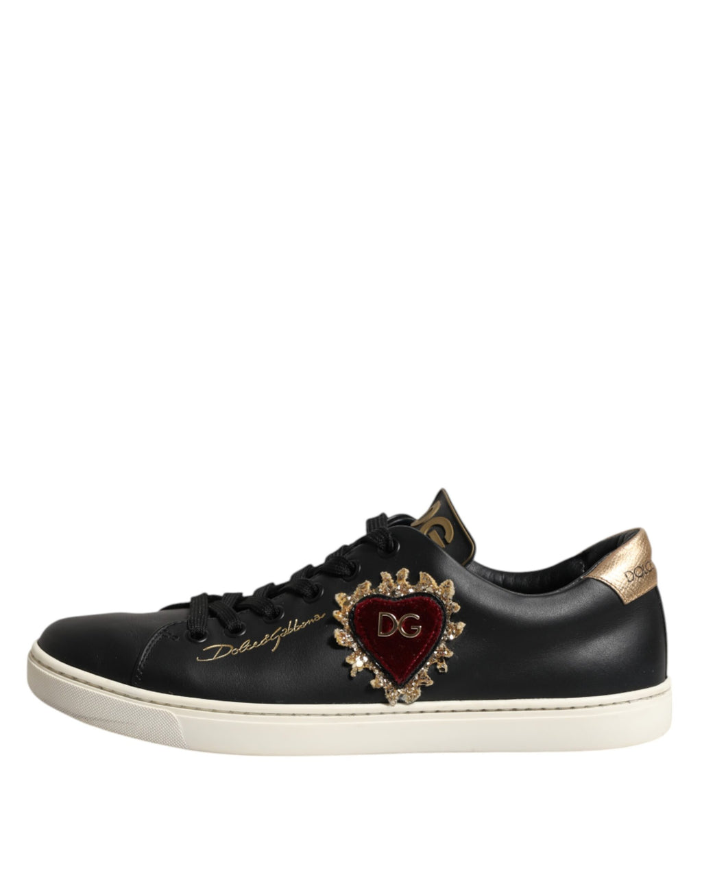 Dolce & Gabbana Schwarzes Leder Sacred Heart Sneakers Schuhe