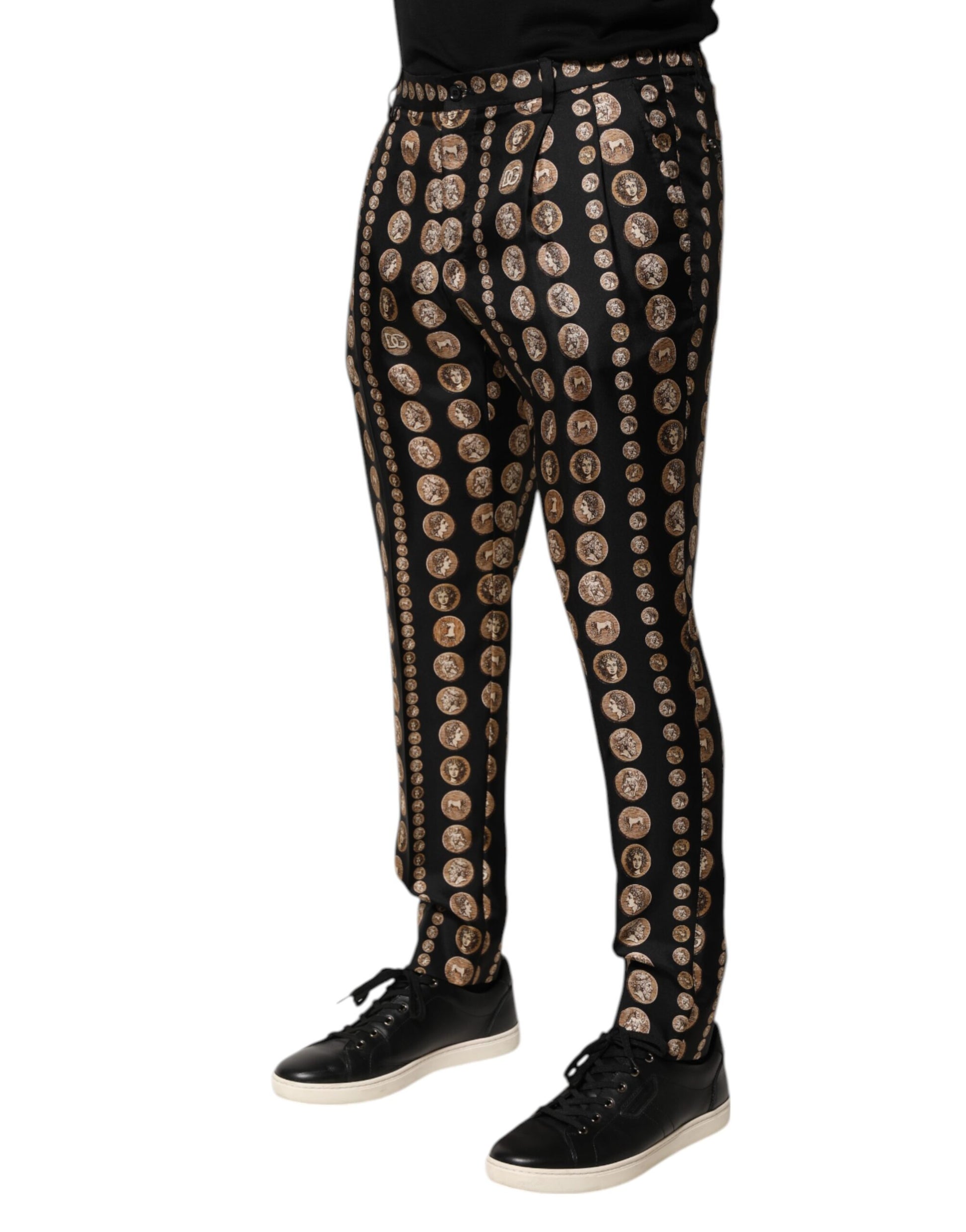 Dolce & Gabbana Schwarzer Münzdruck Seide Skinny Männer Hosen Hose