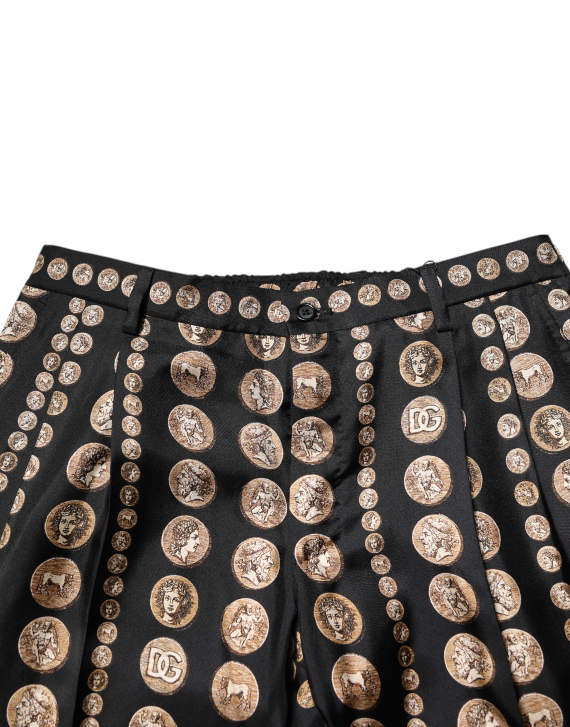 Dolce & Gabbana Schwarzer Münzdruck Seide Skinny Männer Hosen Hose