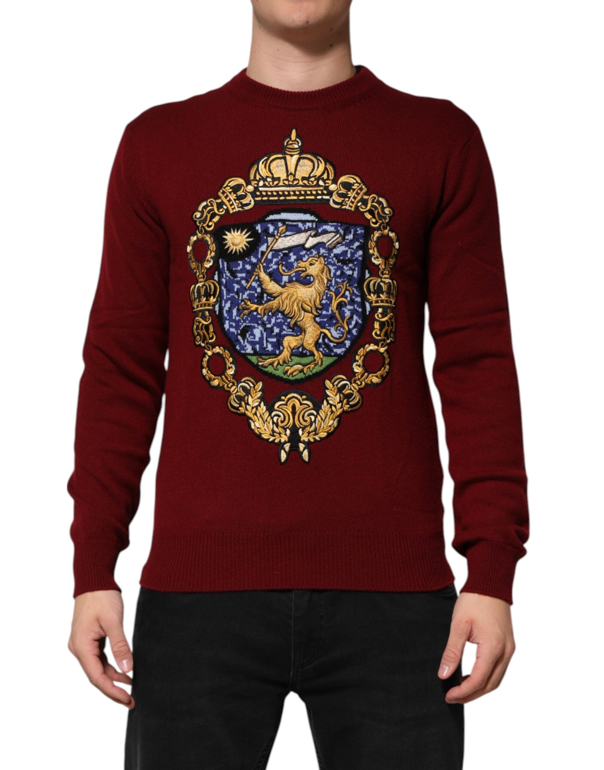 Dolce & Gabbana Burgunderfarbener Pullover aus Kaschmir mit Löwenwappen