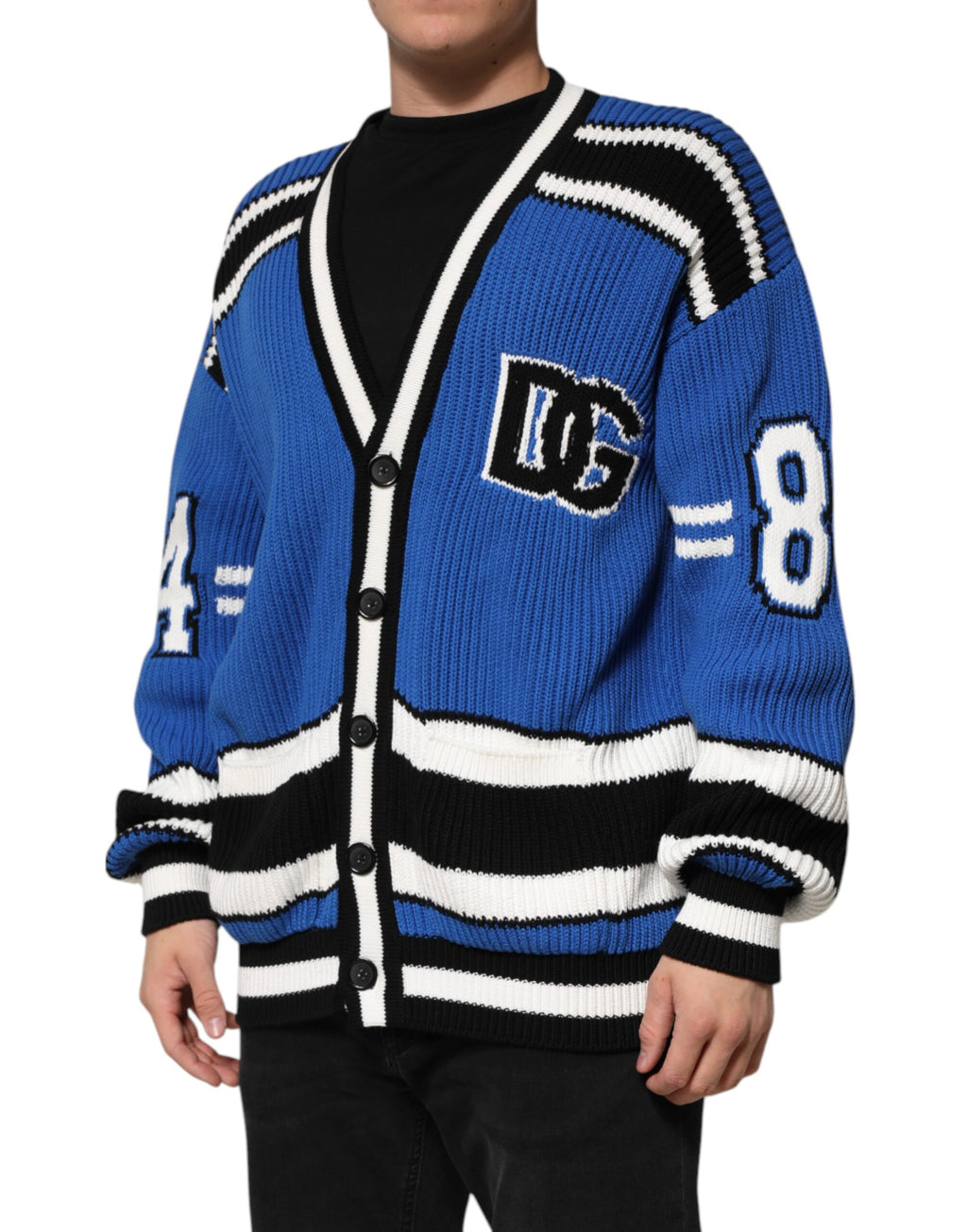 Dolce & Gabbana Blauer Baumwoll-Logoaufnäher Rippenstrickpullover