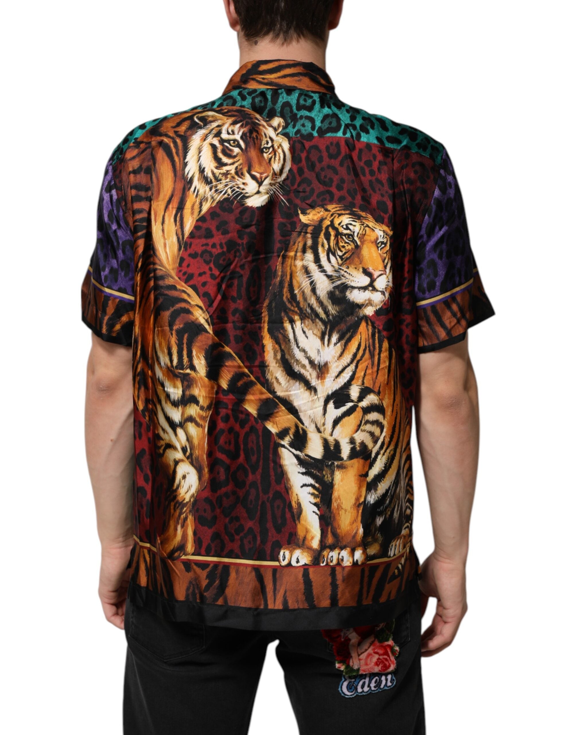 Dolce & Gabbana Mehrfarbiges Tiger-T-Shirt aus Seide mit Hawaii-Print