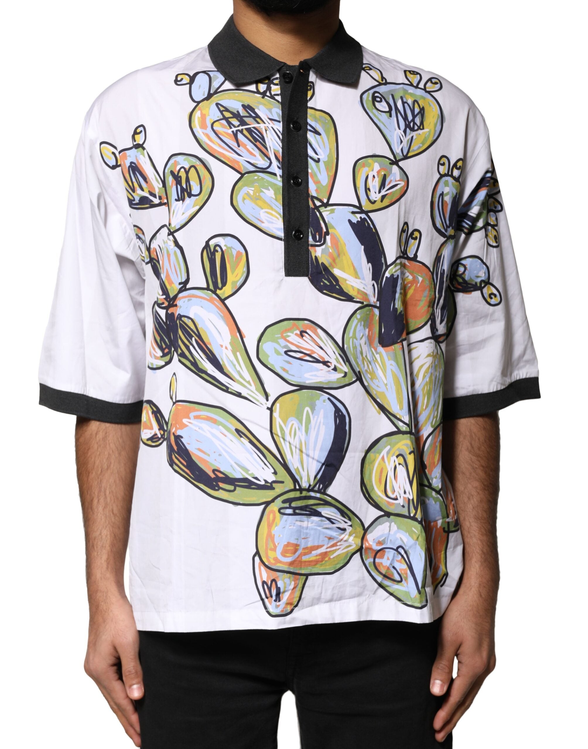 Dolce & Gabbana Weißes Sketch-Print-Polo-T-Shirt für Herren in Übergröße