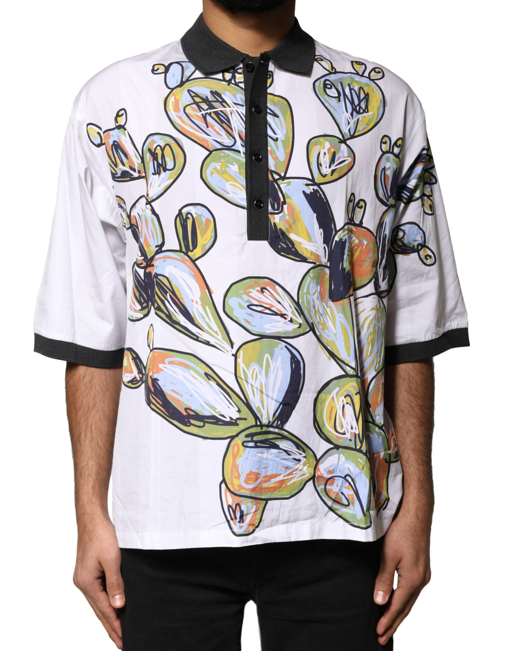 Dolce & Gabbana Weißes Sketch-Print-Polo-T-Shirt für Herren in Übergröße