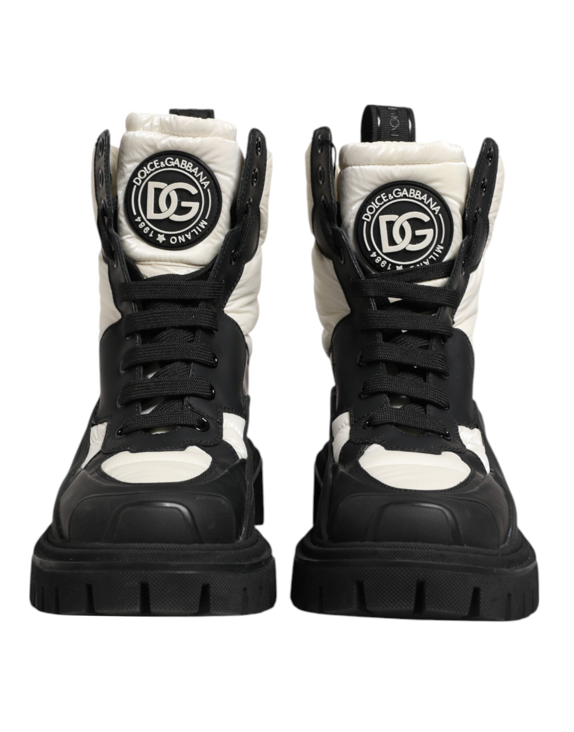 Dolce & Gabbana Schwarz Weiß Gepolsterte Mid Calf Lace Up Stiefel Schuhe