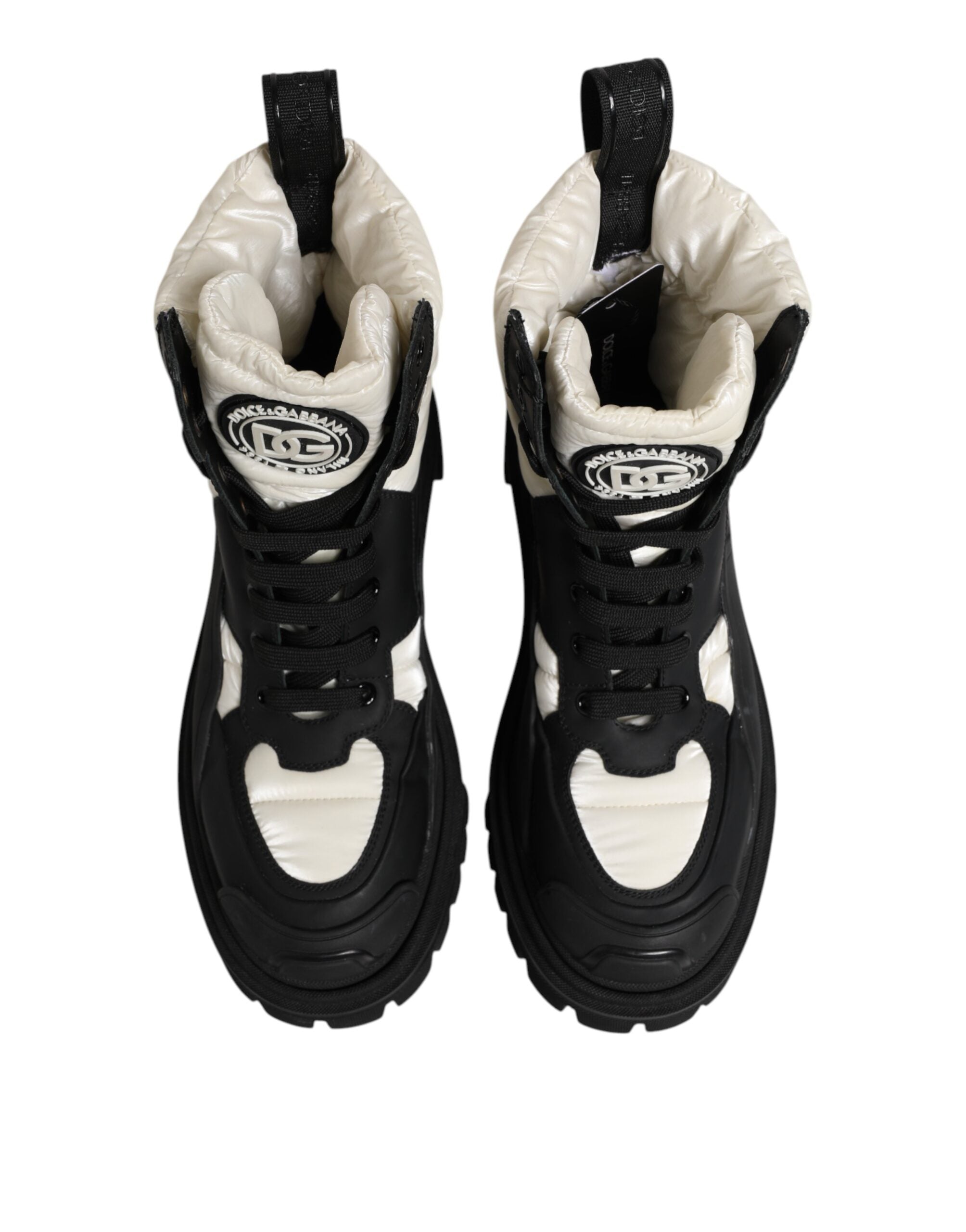 Dolce & Gabbana Schwarz Weiß Gepolsterte Mid Calf Lace Up Stiefel Schuhe