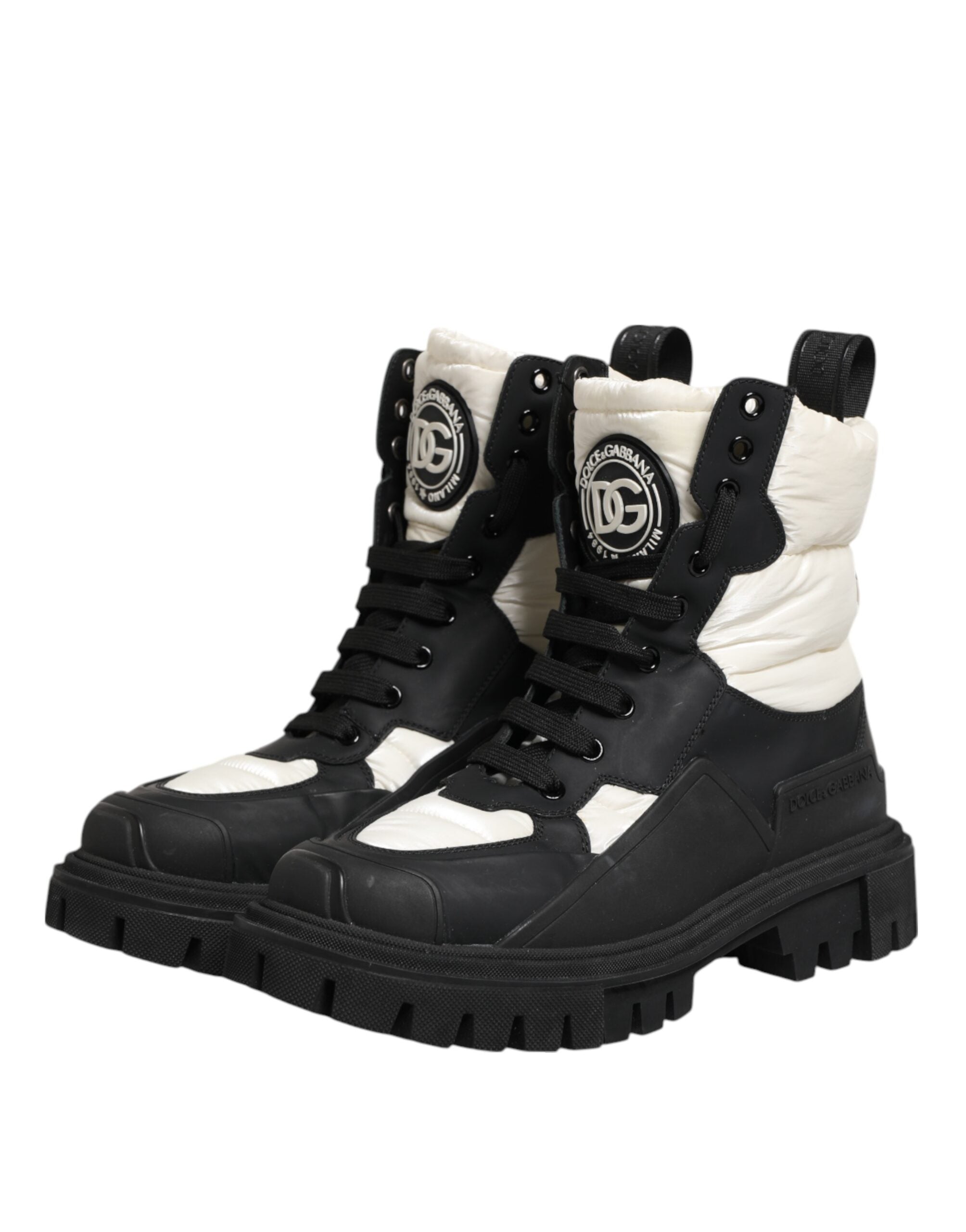 Dolce & Gabbana Schwarz Weiß Gepolsterte Mid Calf Lace Up Stiefel Schuhe