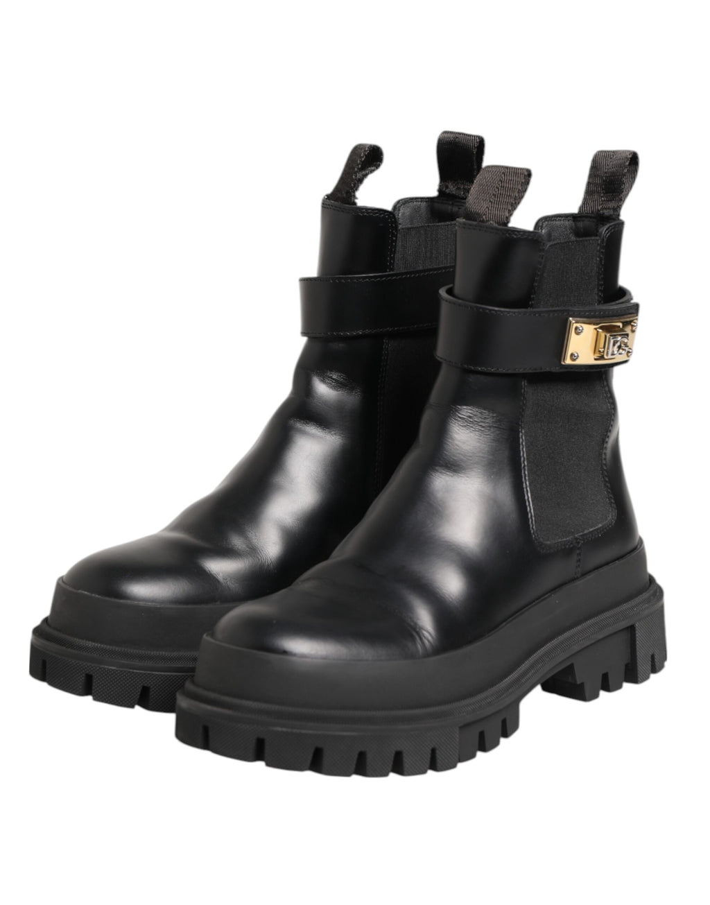 Dolce & Gabbana Schwarze Kalbsleder DG Logo Strap Ankle Boots Schuhe