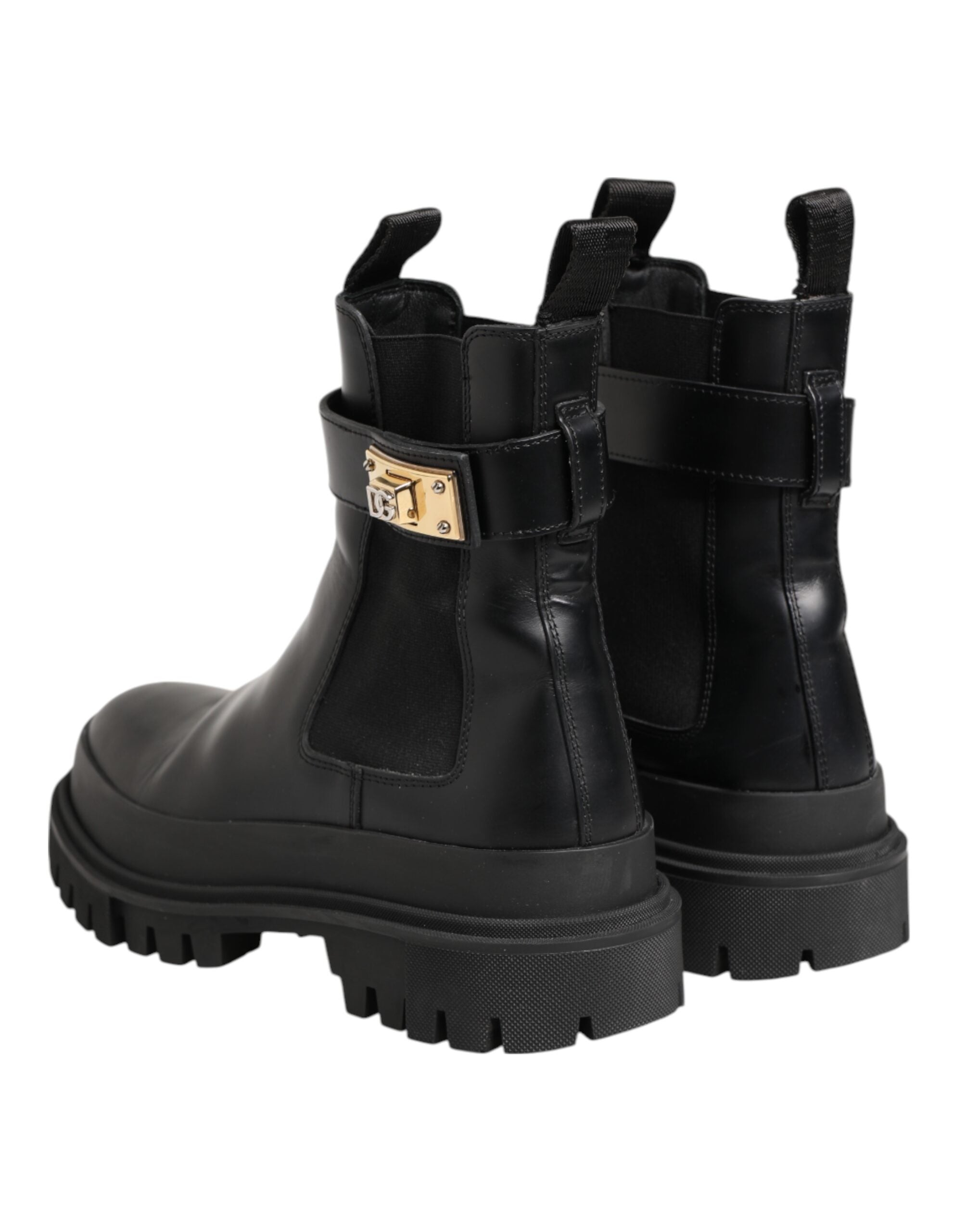 Dolce & Gabbana Schwarze Kalbsleder DG Logo Strap Ankle Boots Schuhe