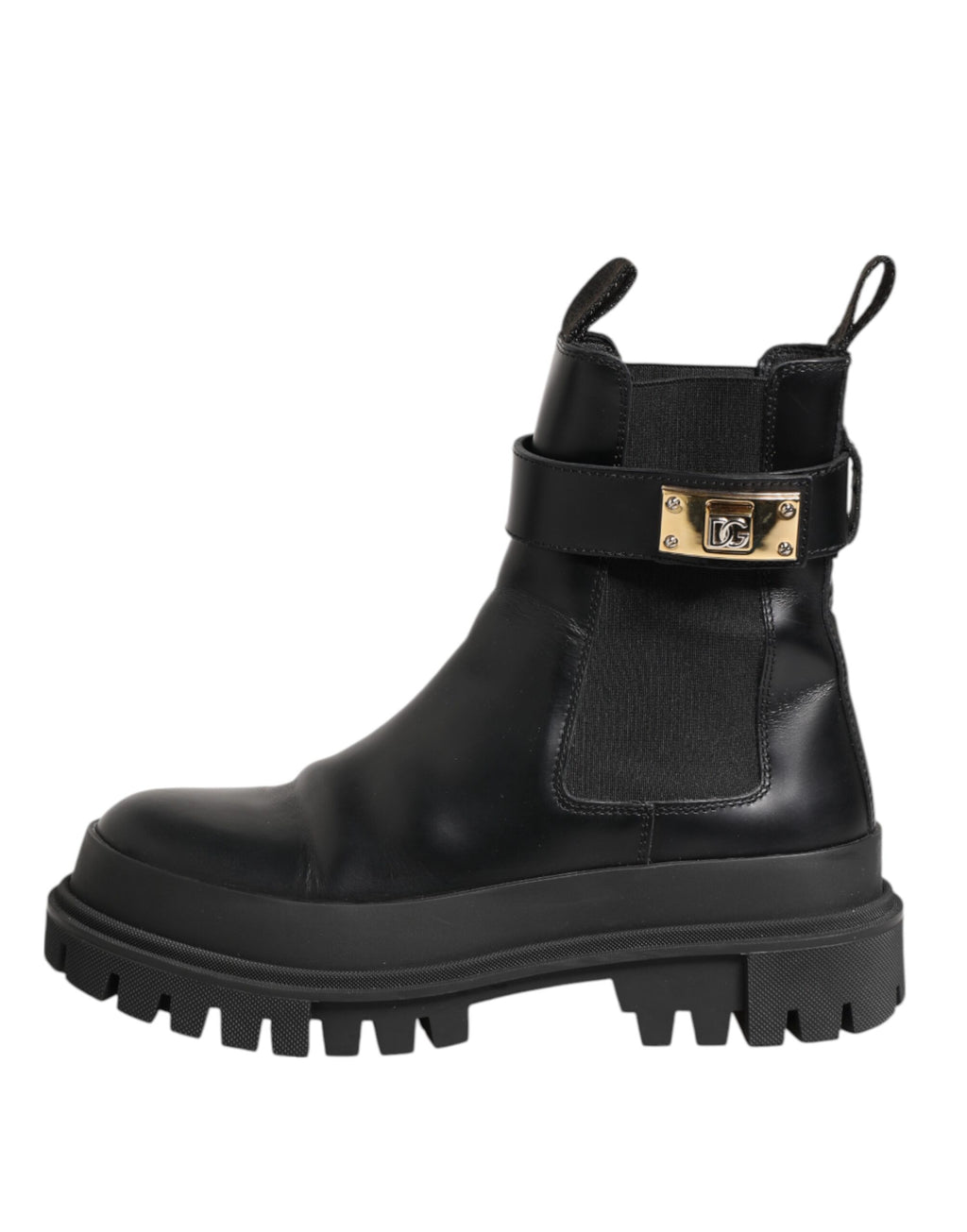 Dolce & Gabbana Schwarze Kalbsleder DG Logo Strap Ankle Boots Schuhe