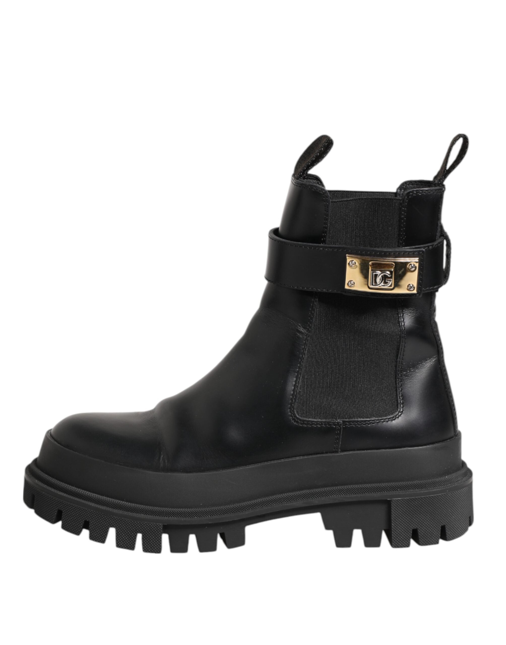 Dolce & Gabbana Schwarze Kalbsleder DG Logo Strap Ankle Boots Schuhe