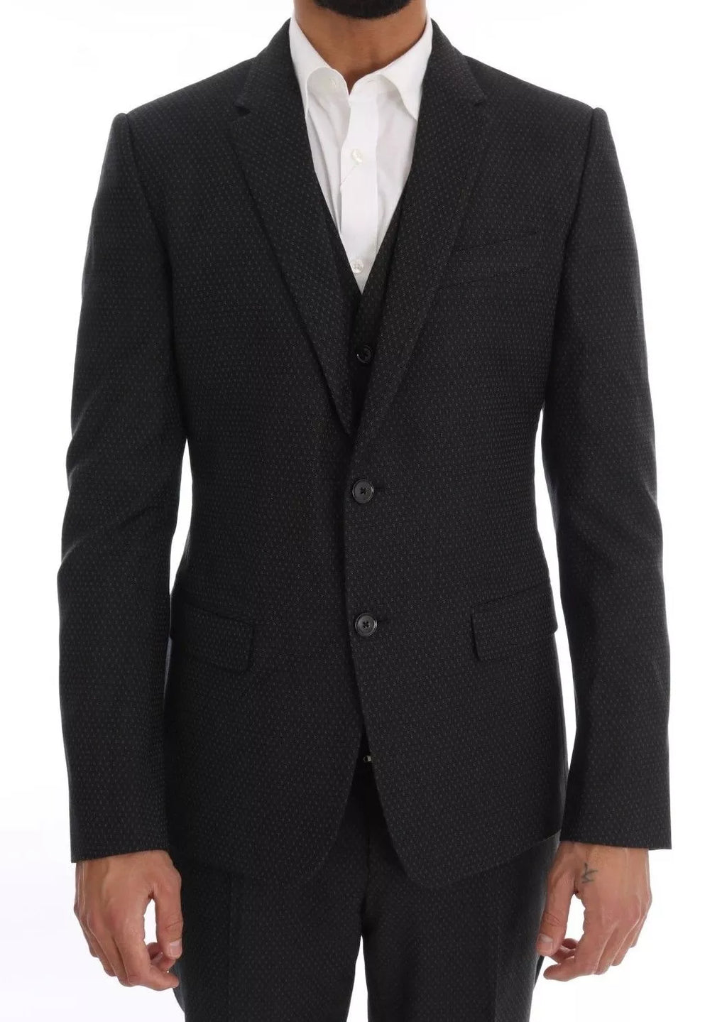Dolce & Gabbana Grauer gemusterter Wollanzug 3 Stück Slim Suit