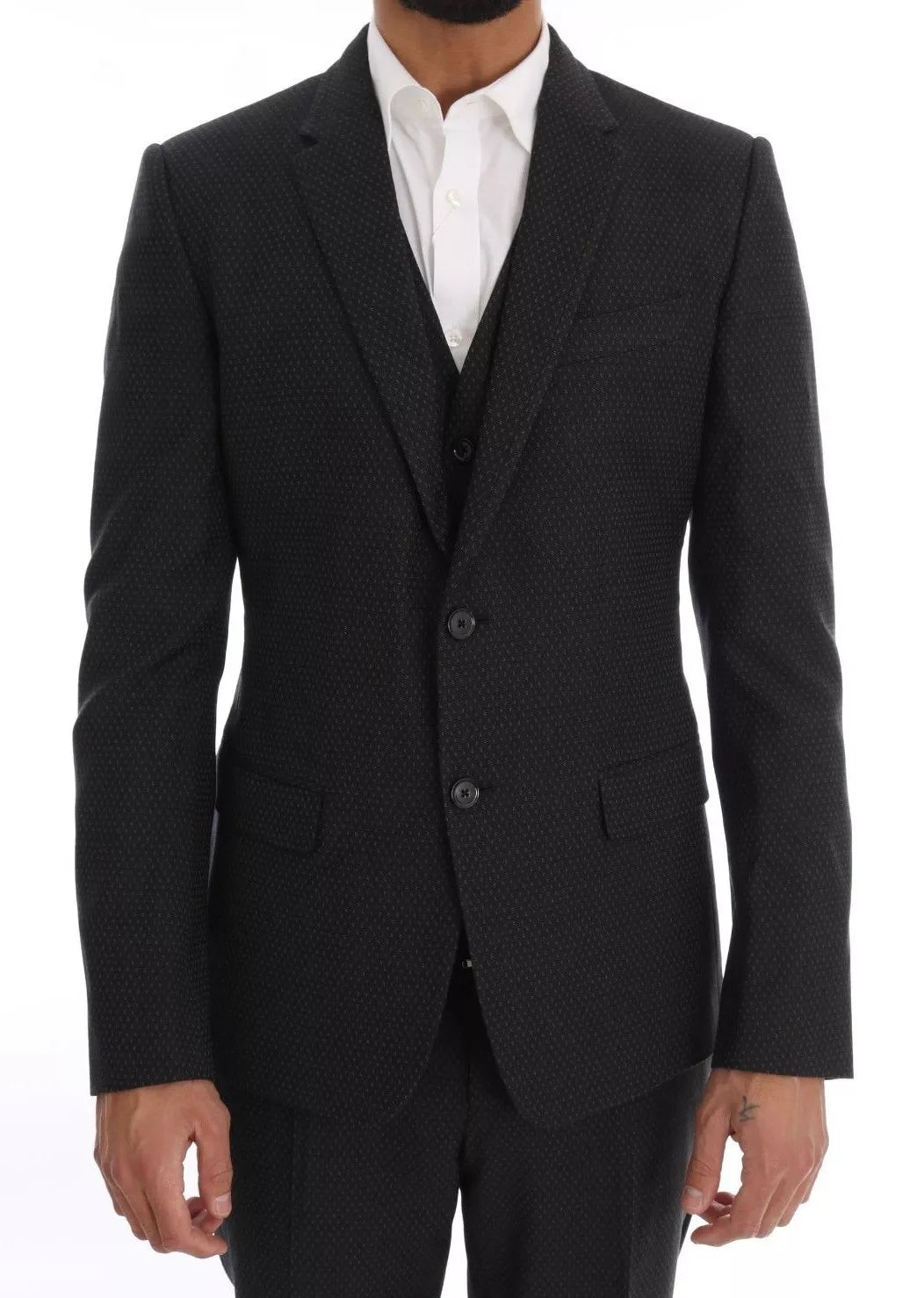 Dolce & Gabbana Grauer gemusterter Wollanzug 3 Stück Slim Suit