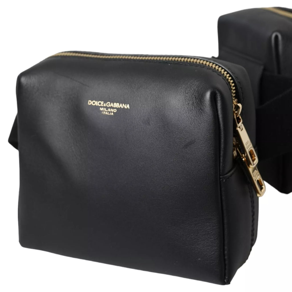 Dolce & Gabbana Schwarze Gürteltasche aus Kalbsleder mit doppeltem Gürtel und Bauchtasche