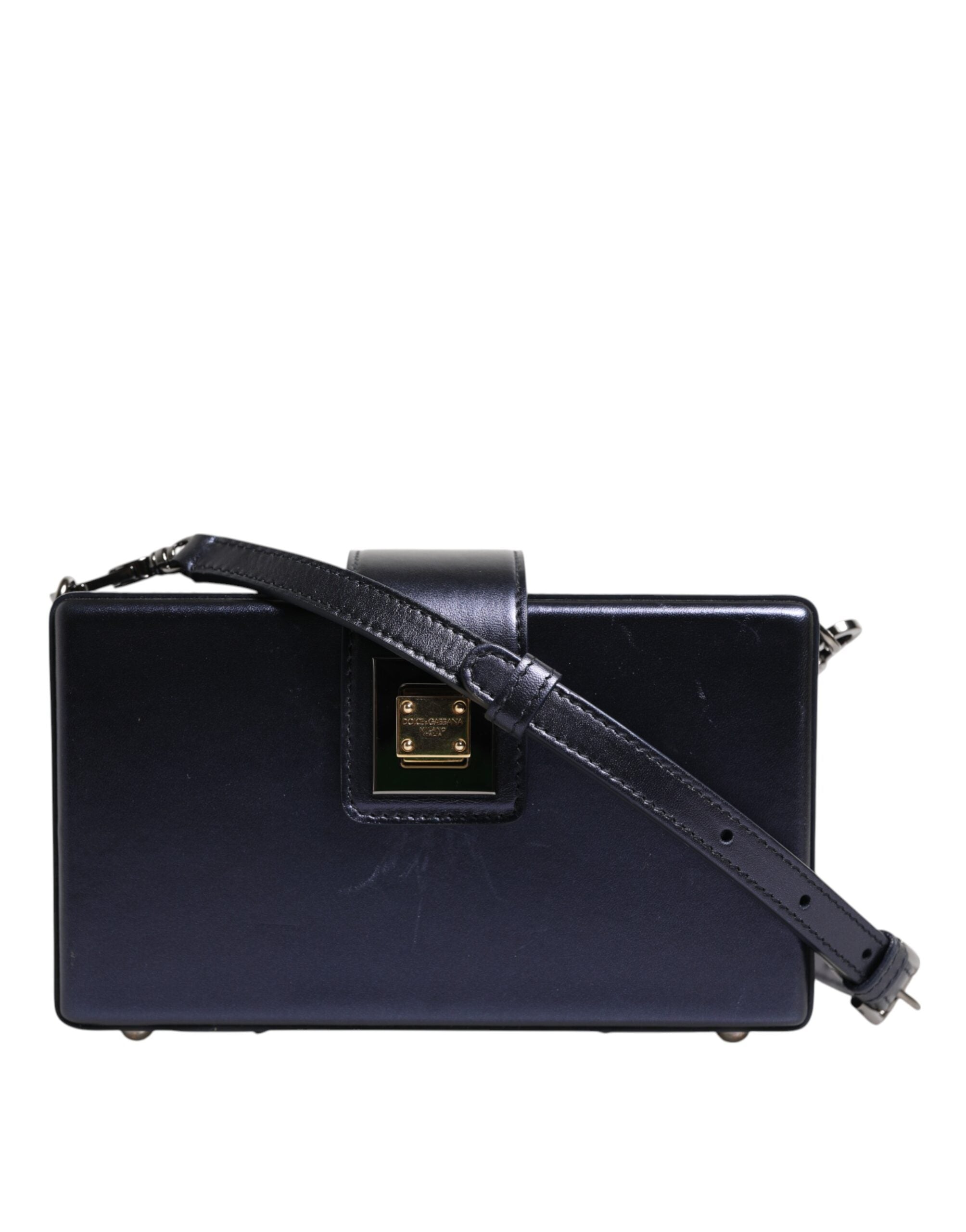 Dolce & Gabbana Blaue DG BOX Lammfell Leder Crossbody Strap Tasche