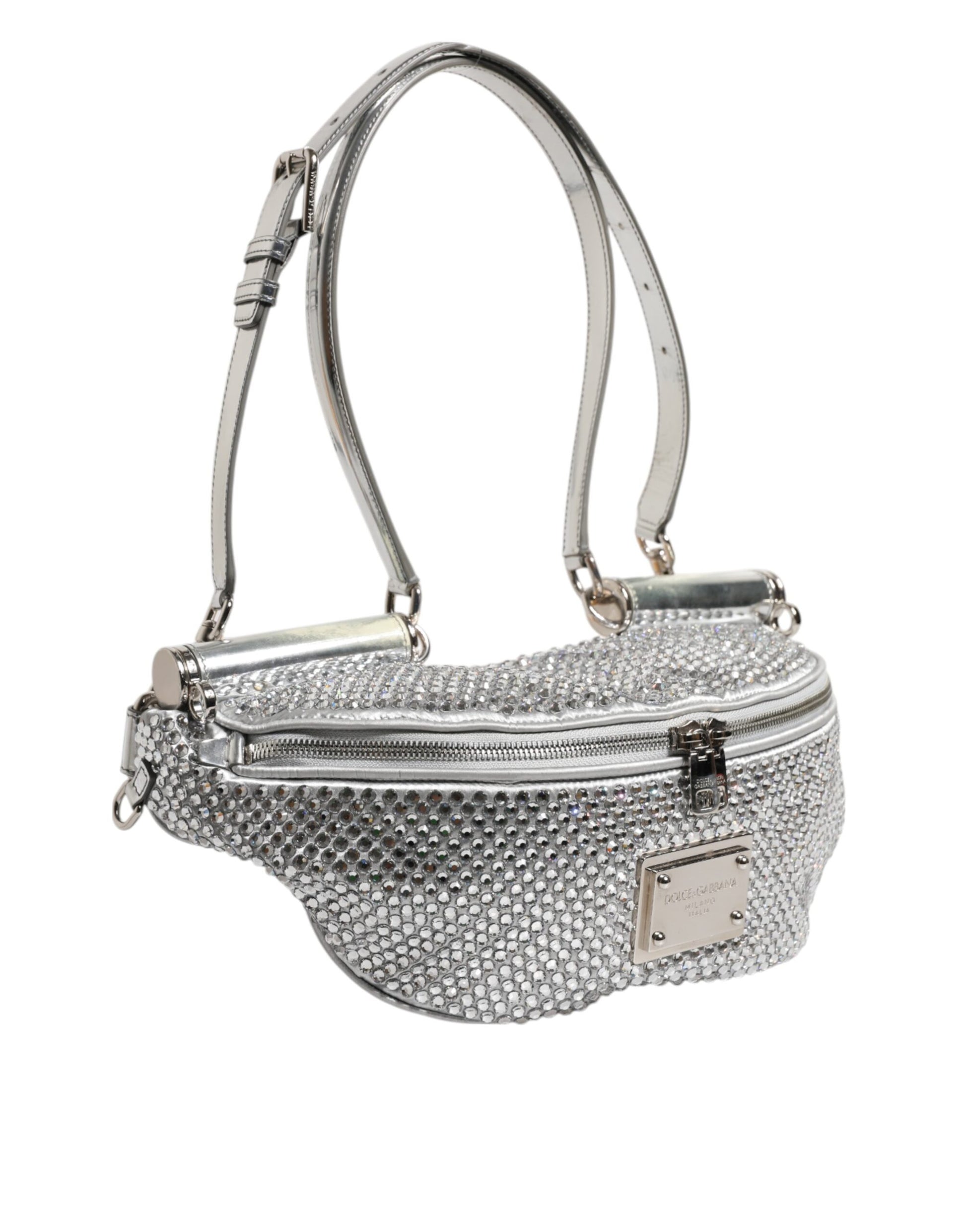 Dolce & Gabbana Silberne Tasche mit kristallverziertem Gürtelriemen