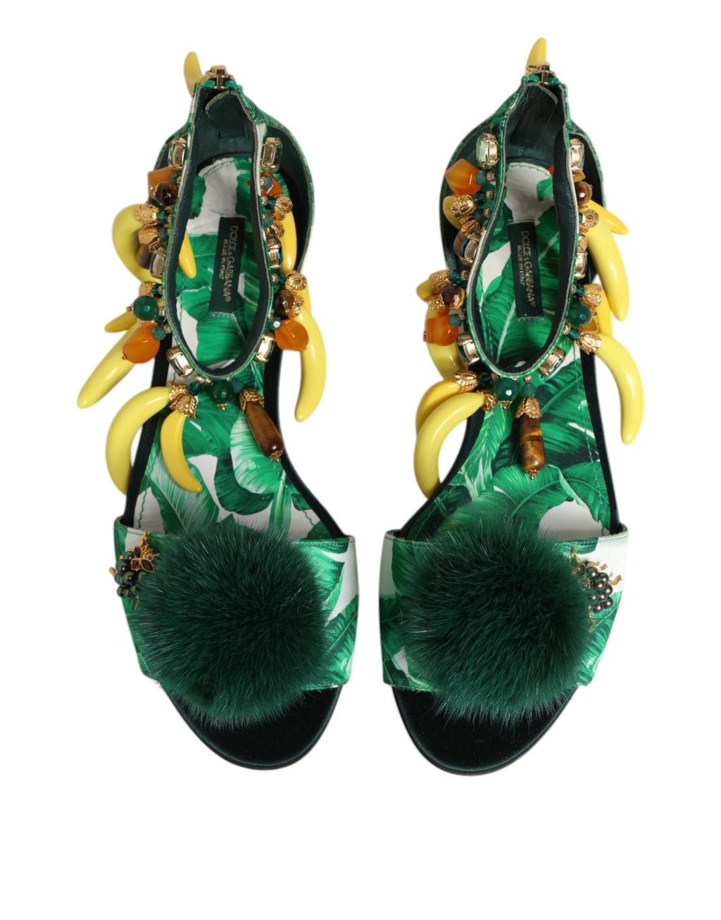Dolce & Gabbana Grün Nerz Pelz Satin Bananenblatt Sandalen Schuhe