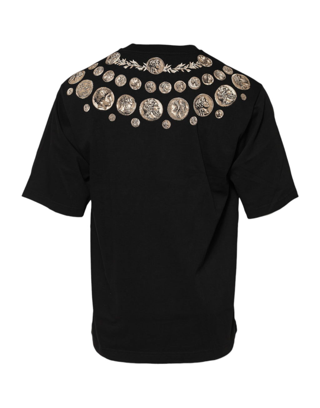 Dolce & Gabbana Schwarzes T-Shirt mit Rundhalsausschnitt aus Baumwolle mit Münzdruck
