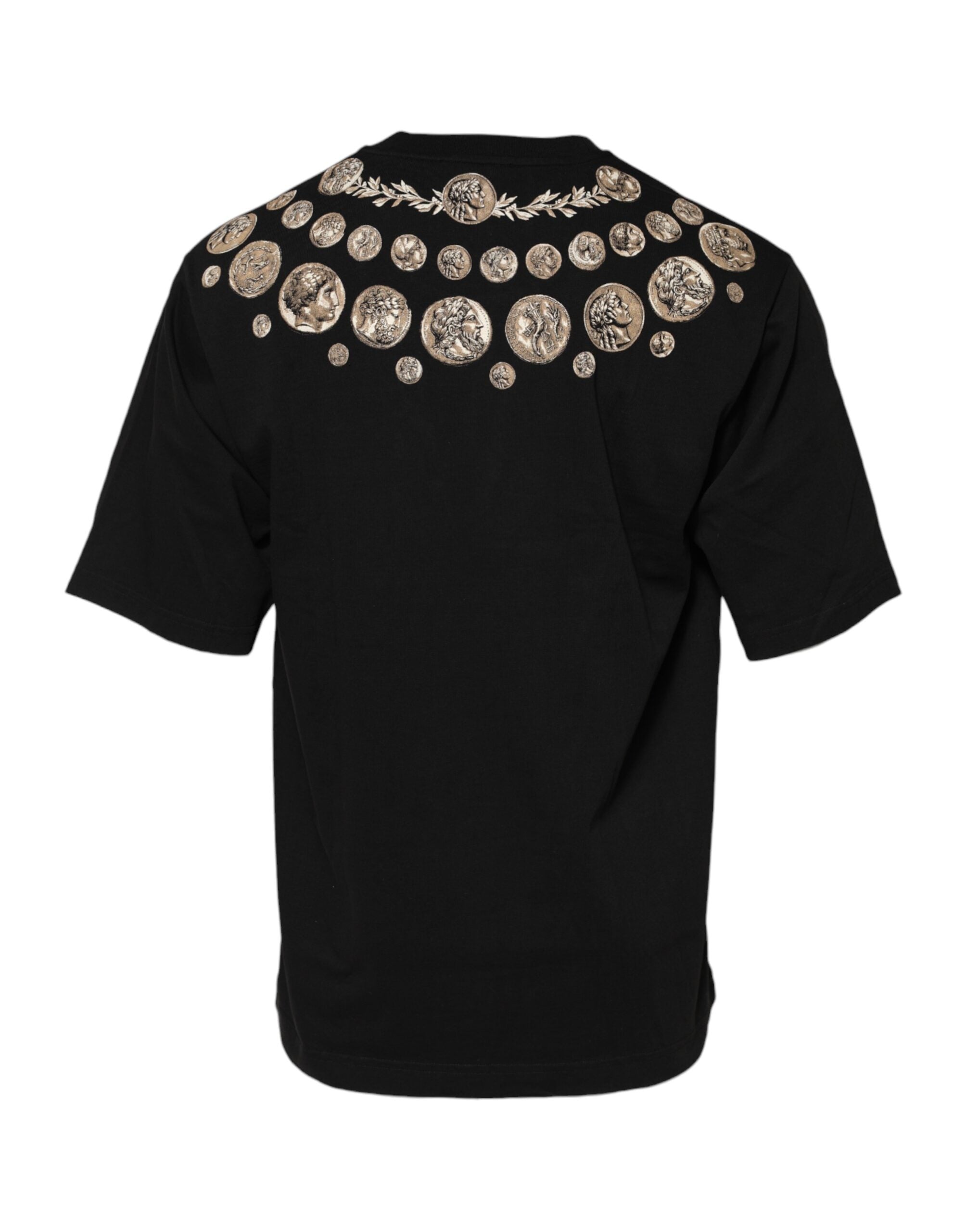 Dolce & Gabbana Schwarzes T-Shirt mit Rundhalsausschnitt aus Baumwolle mit Münzdruck