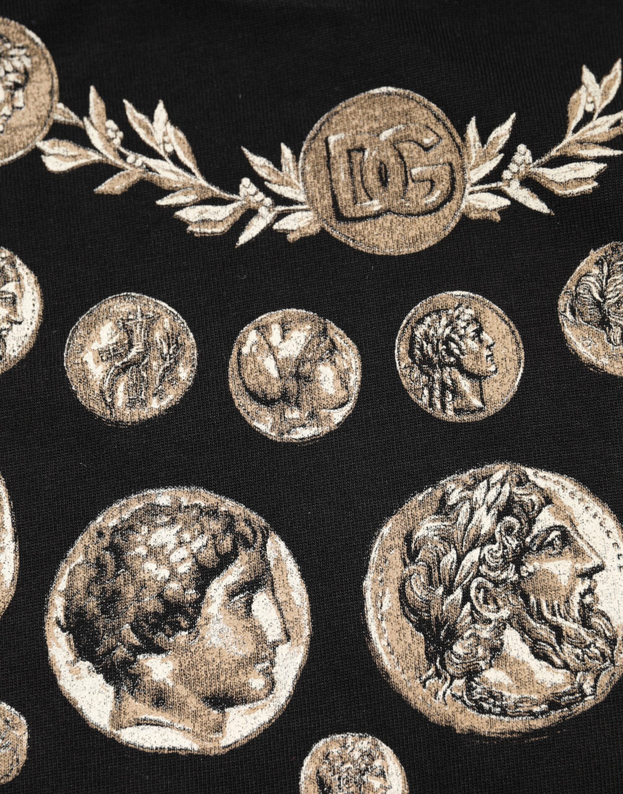 Dolce & Gabbana Schwarzes T-Shirt mit Rundhalsausschnitt aus Baumwolle mit Münzdruck