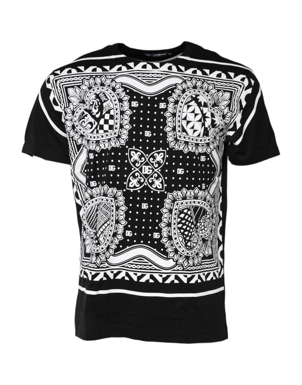 Dolce & Gabbana Schwarzes T-Shirt mit Rundhalsausschnitt aus Baumwolle mit Bandana-Druck