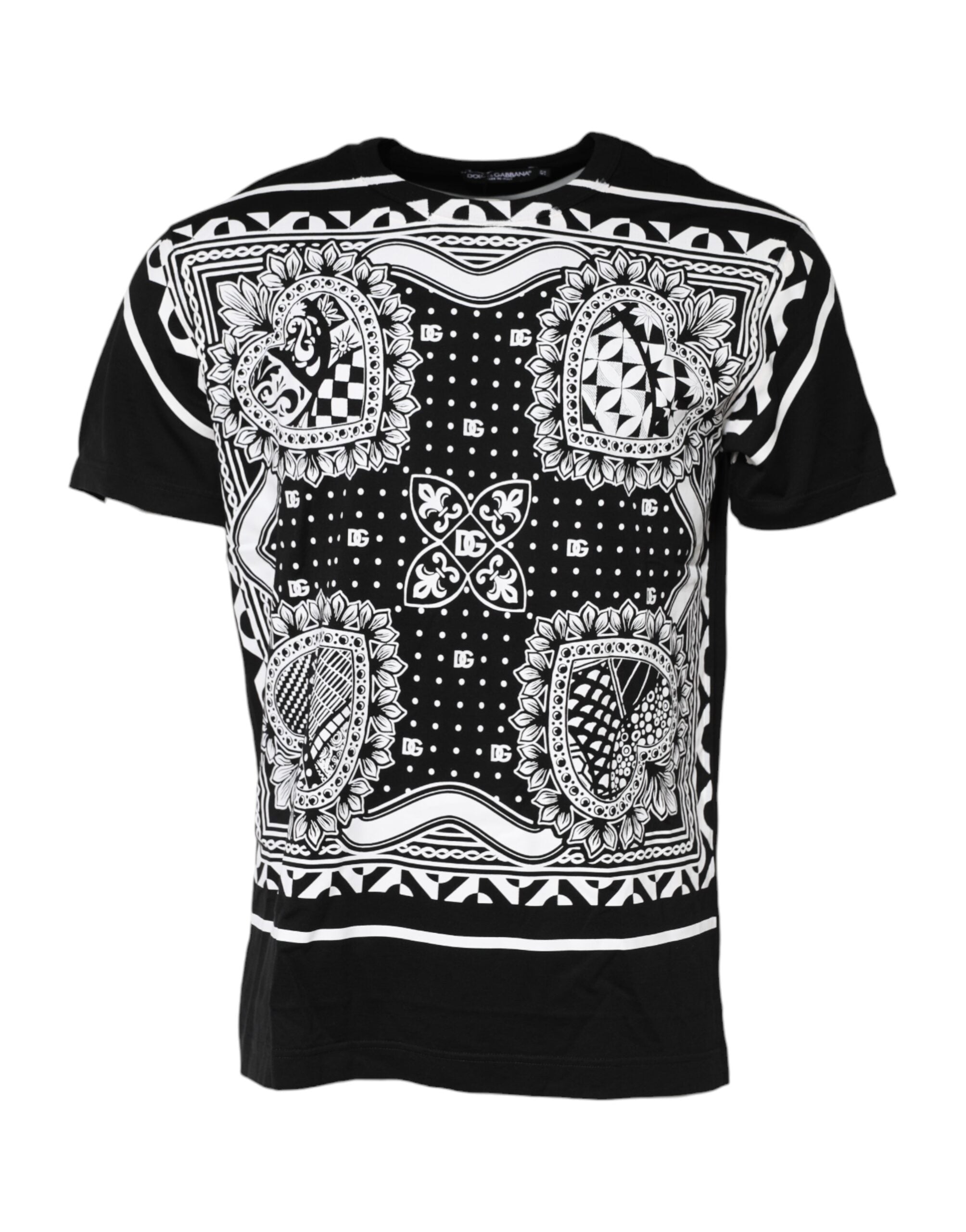 Dolce & Gabbana Schwarzes T-Shirt mit Rundhalsausschnitt aus Baumwolle mit Bandana-Druck