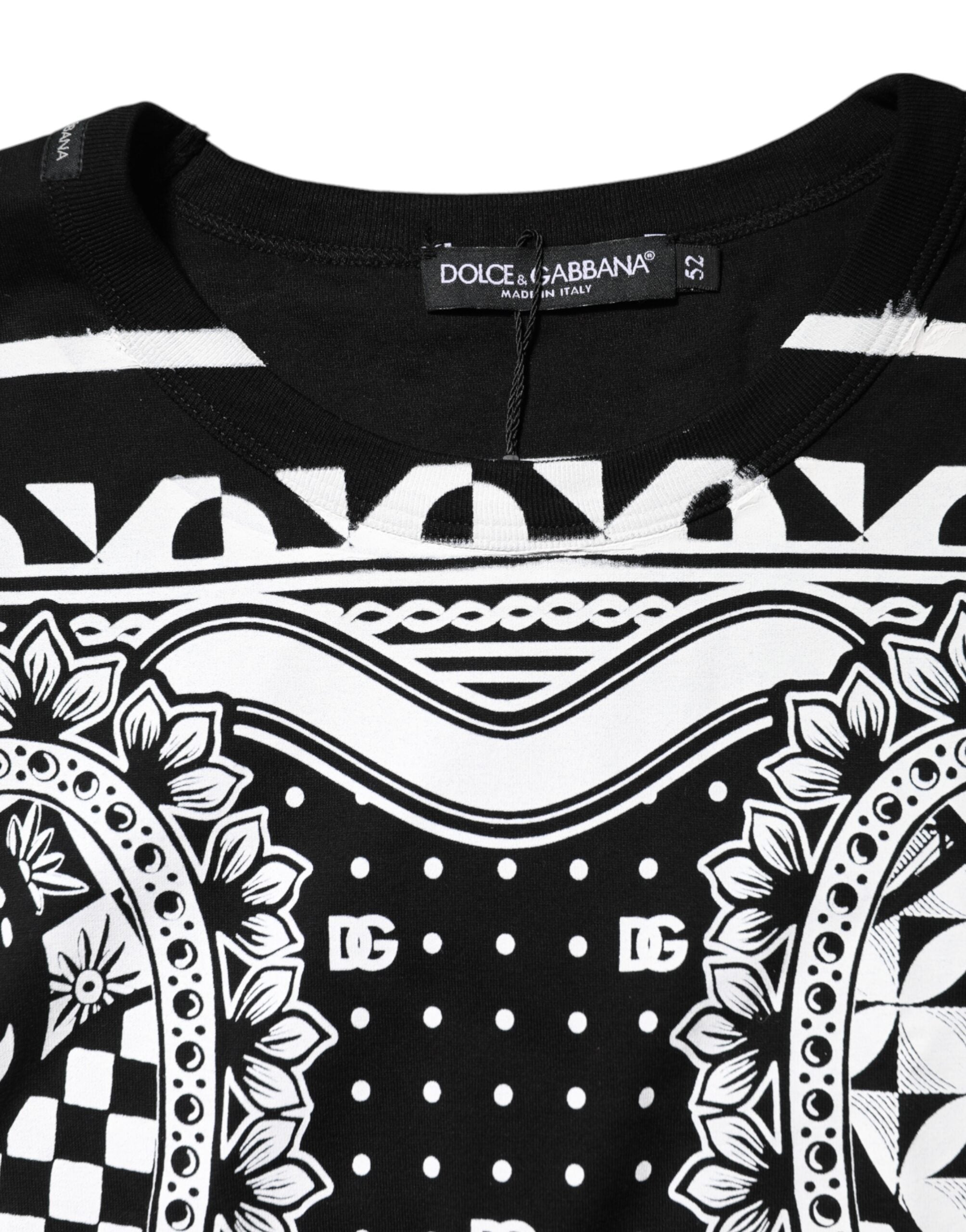 Dolce & Gabbana Schwarzes T-Shirt mit Rundhalsausschnitt aus Baumwolle mit Bandana-Druck