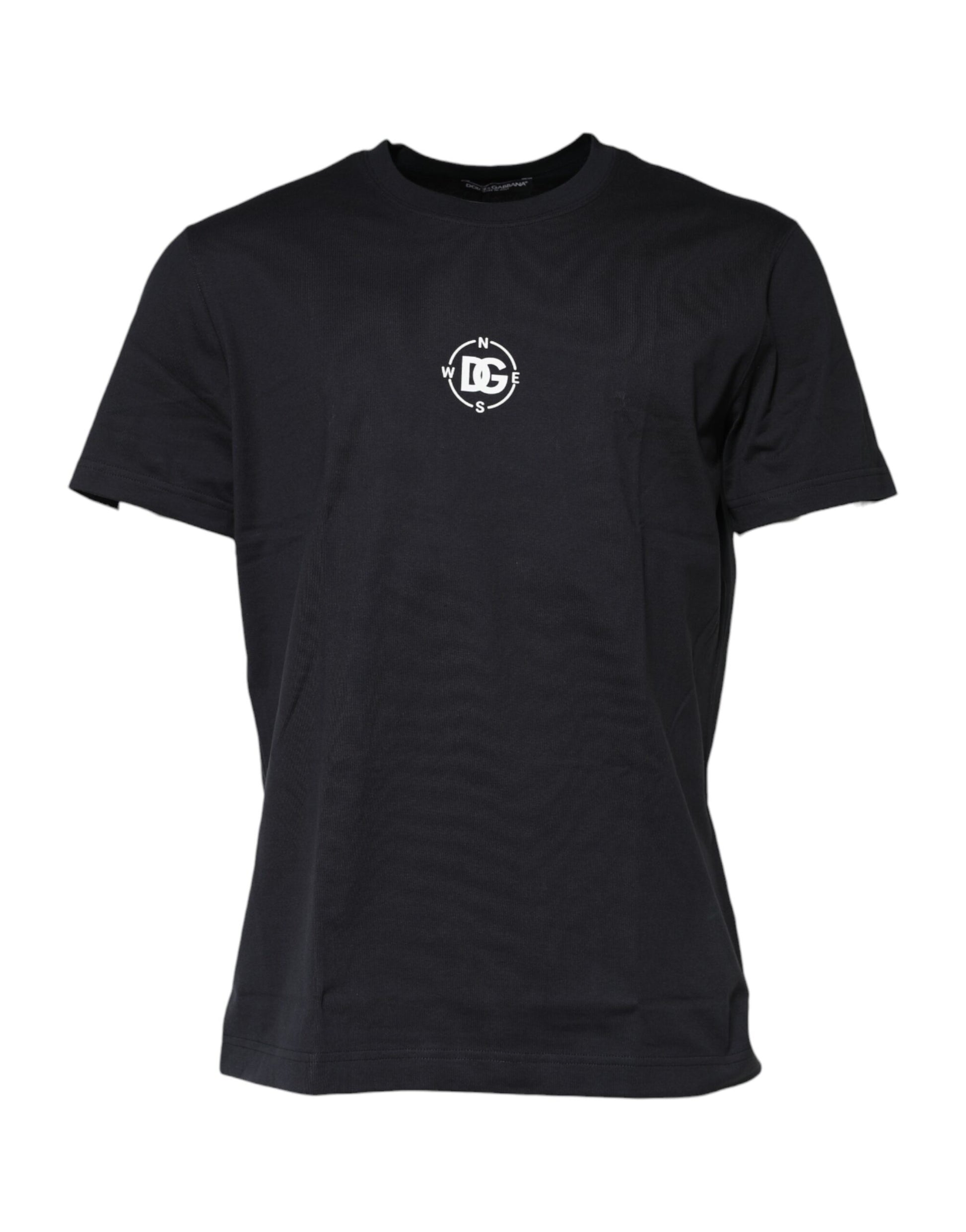Dolce & Gabbana Schwarzes DG Compass Print Baumwoll-T-Shirt mit Rundhalsausschnitt
