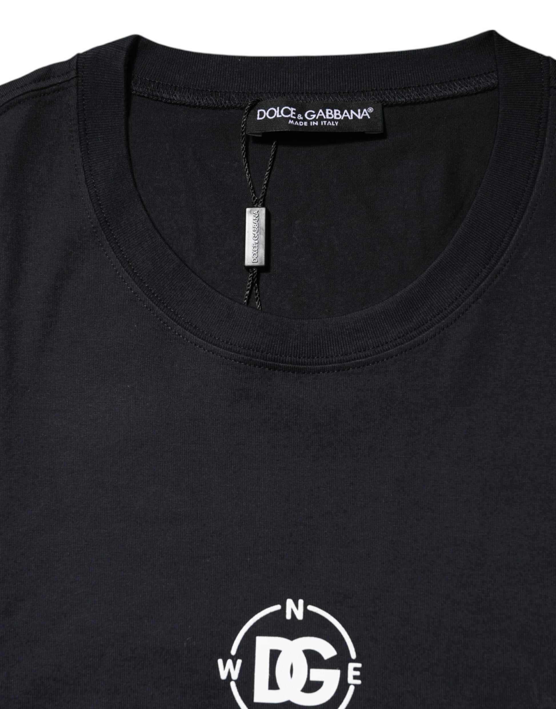 Dolce & Gabbana Schwarzes DG Compass Print Baumwoll-T-Shirt mit Rundhalsausschnitt