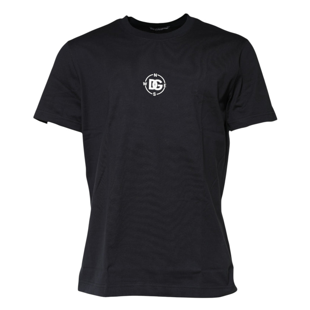 Dolce & Gabbana Schwarzes DG Compass Print Baumwoll-T-Shirt mit Rundhalsausschnitt