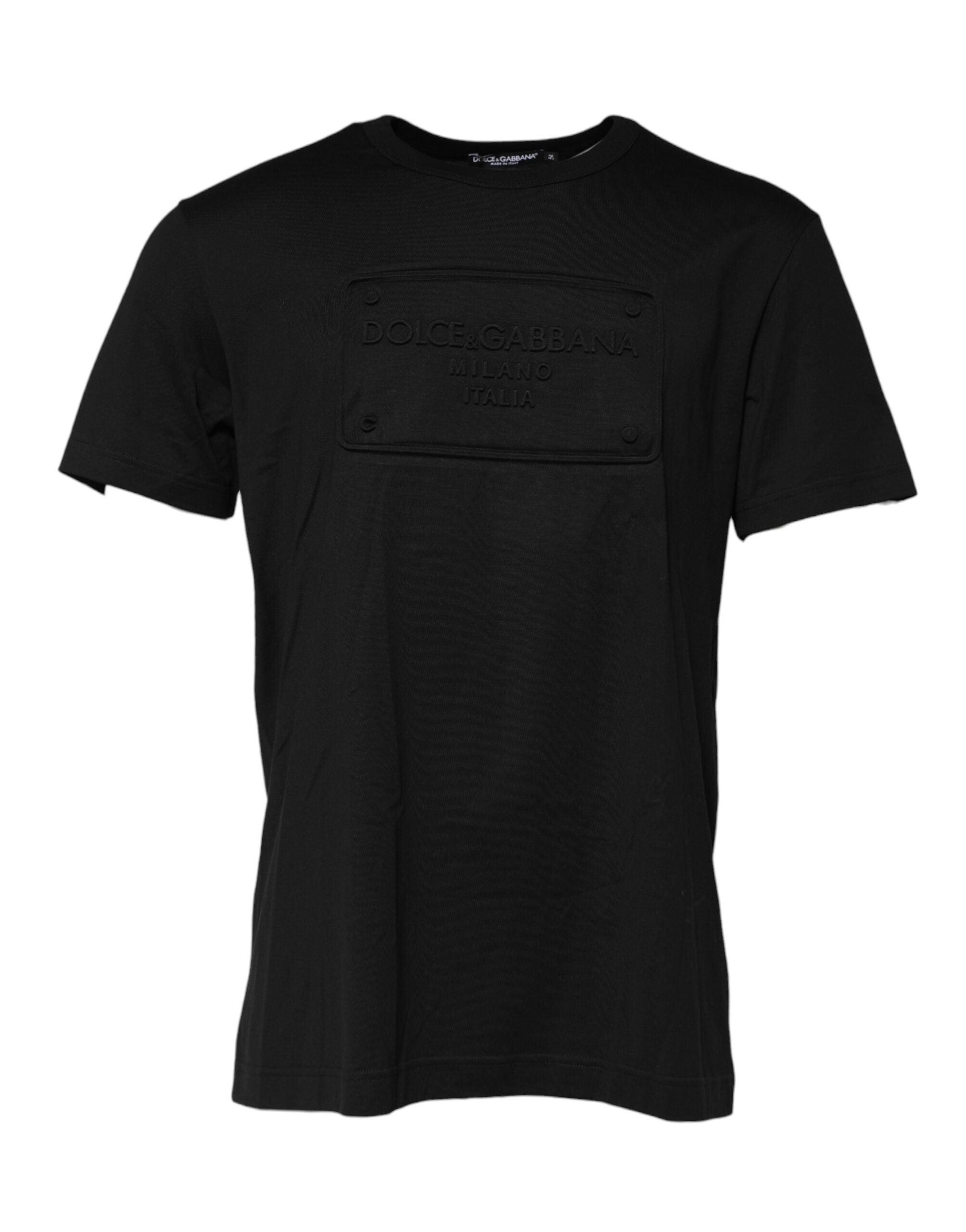 Dolce & Gabbana Schwarzes T-Shirt mit geprägtem Logo und Rundhalsausschnitt aus Baumwolle