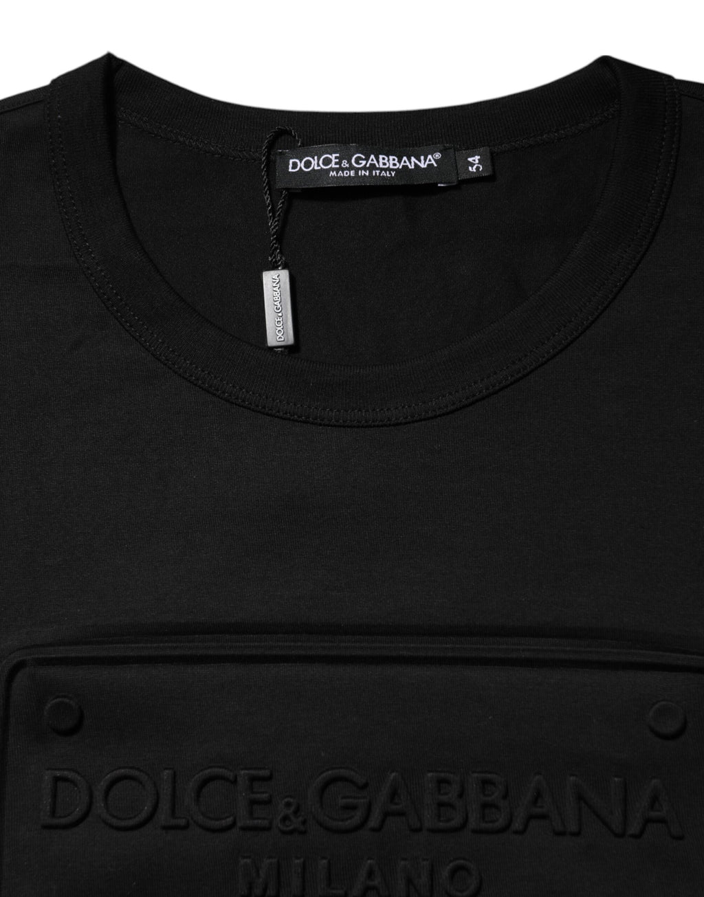 Dolce & Gabbana Schwarzes T-Shirt mit geprägtem Logo und Rundhalsausschnitt aus Baumwolle