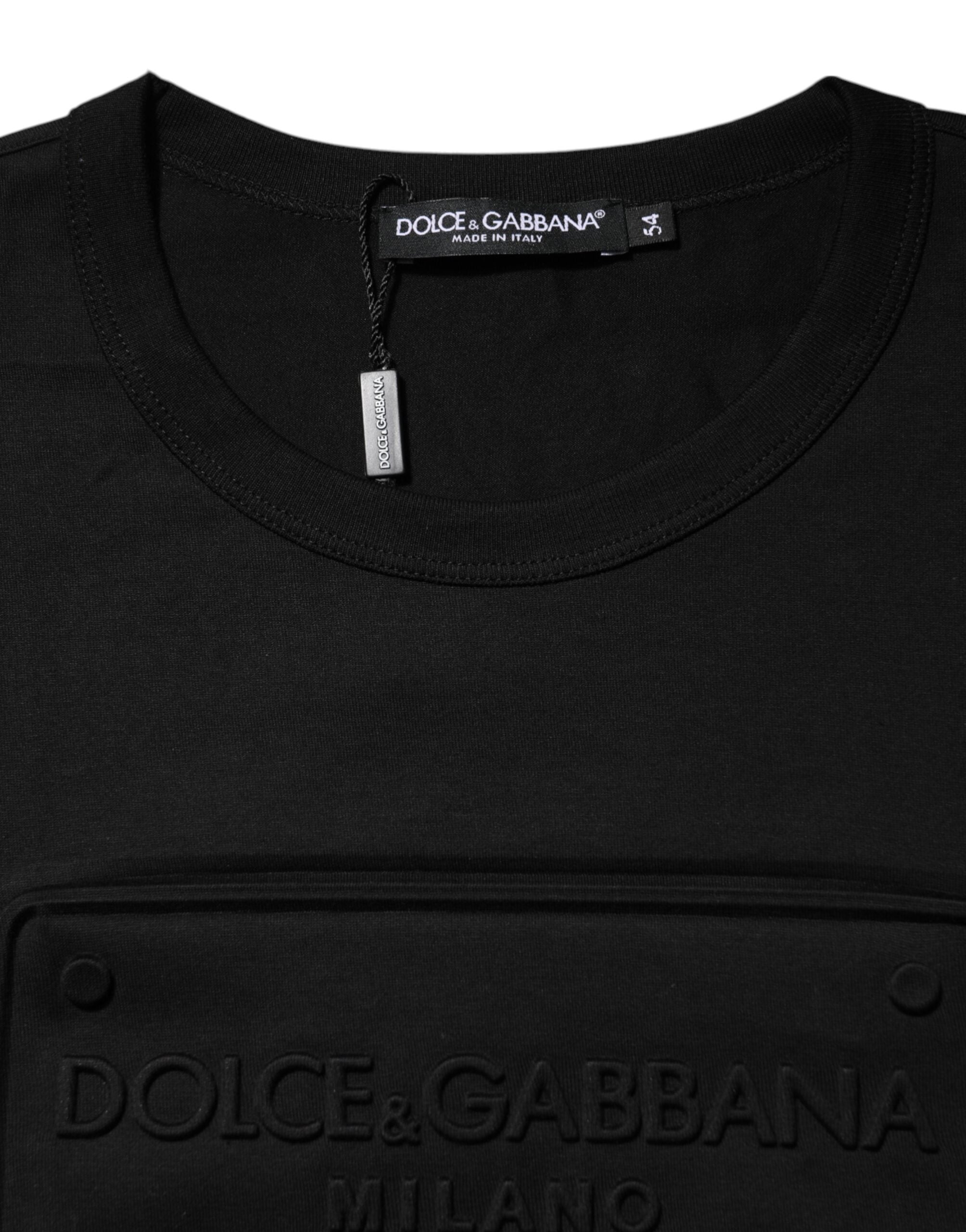 Dolce & Gabbana Schwarzes T-Shirt mit geprägtem Logo und Rundhalsausschnitt aus Baumwolle
