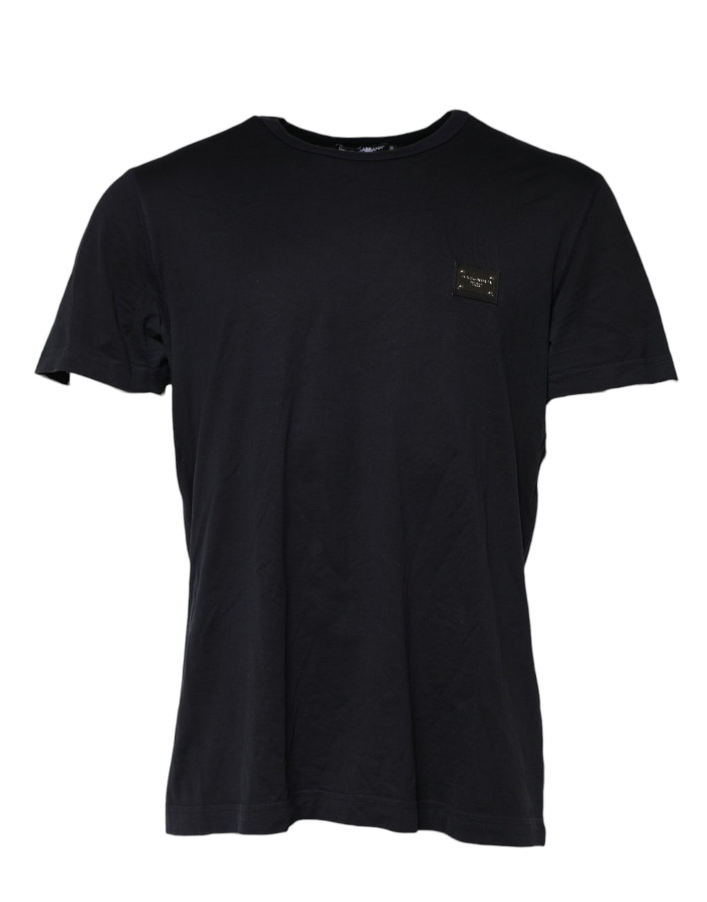 Dolce & Gabbana Dunkelblaues T-Shirt mit Logo-Plakette aus Baumwolle mit Rundhalsausschnitt