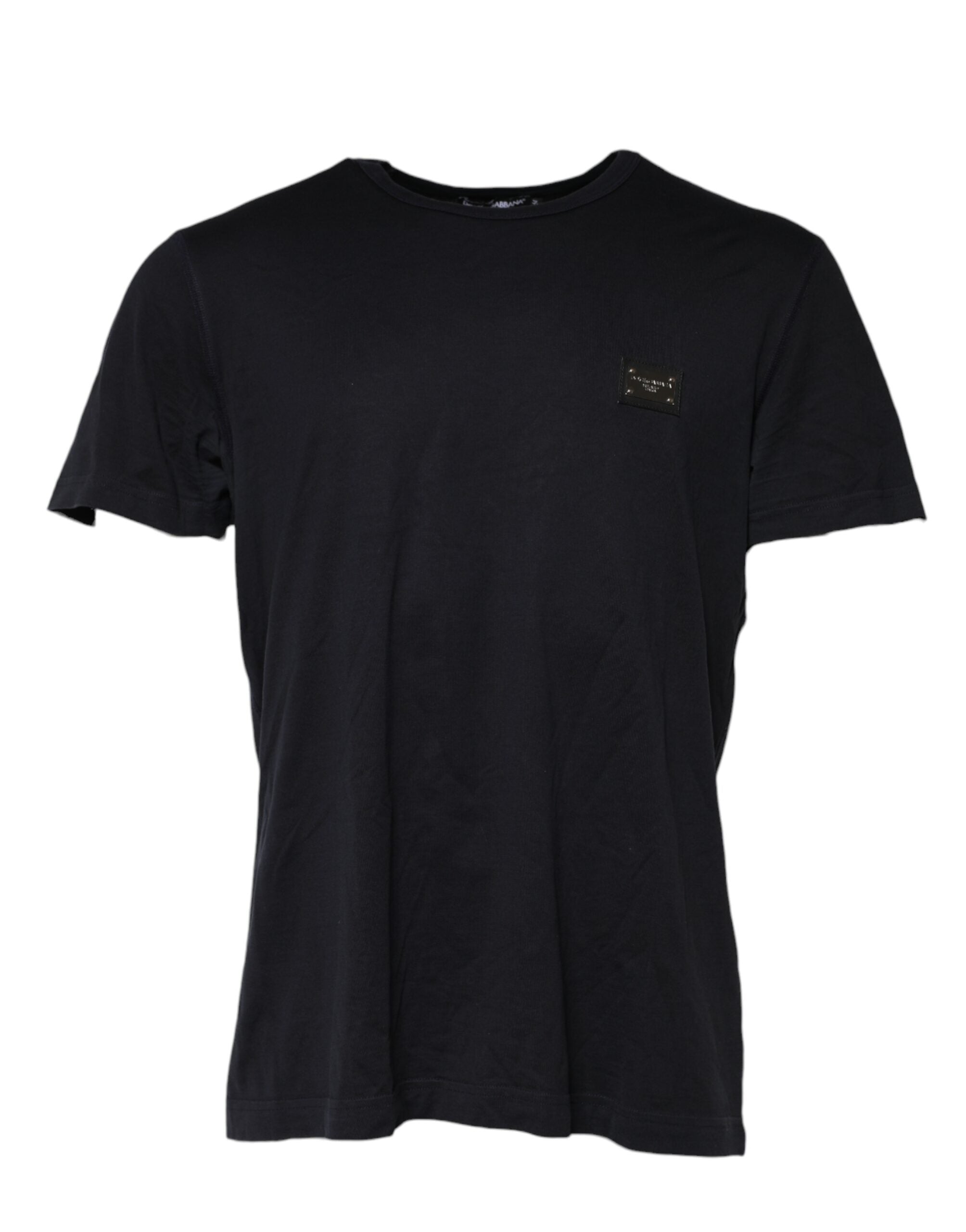 Dolce & Gabbana Dunkelblaues T-Shirt mit Logo-Plakette aus Baumwolle mit Rundhalsausschnitt